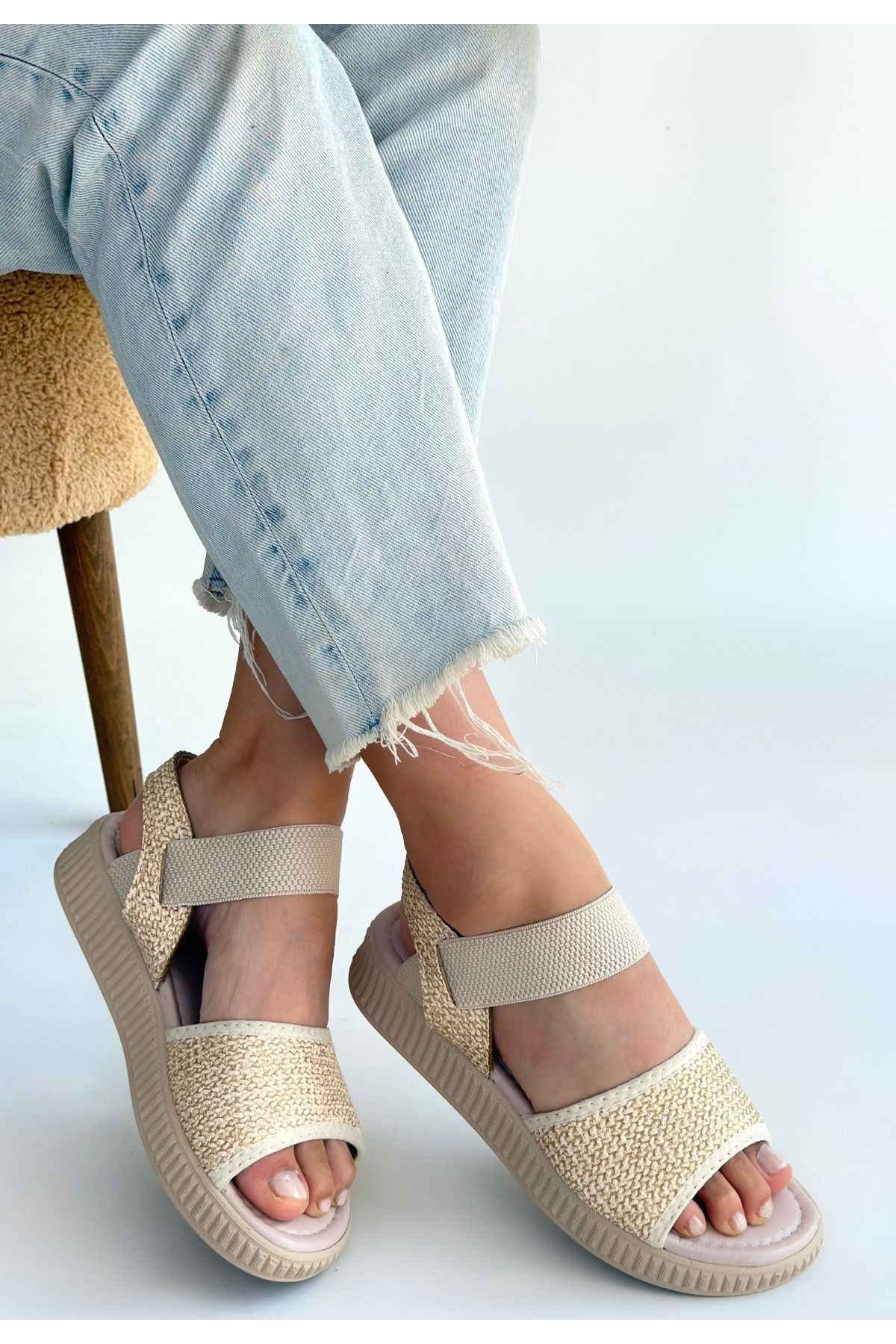 Jake Bej Hasır Cilt Sandalet