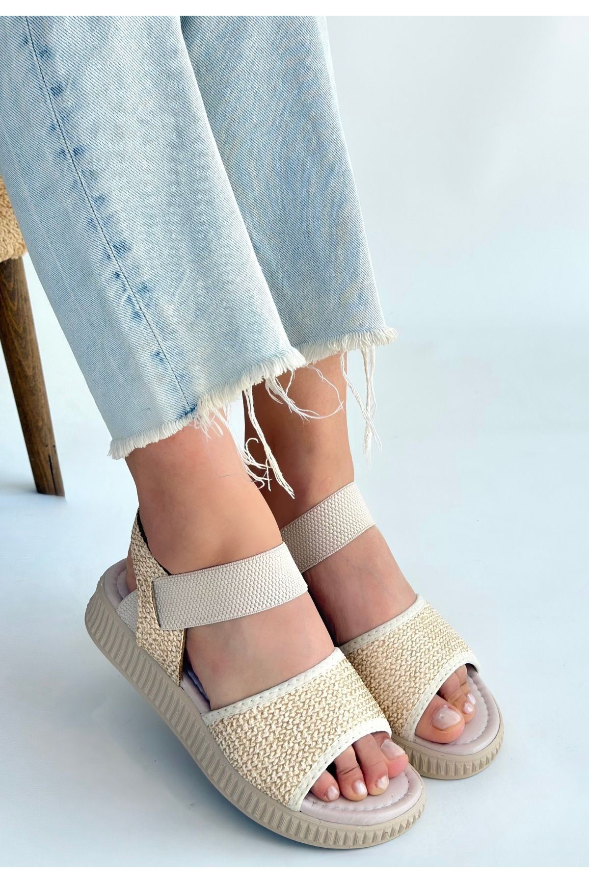 Jake Bej Hasır Cilt Sandalet