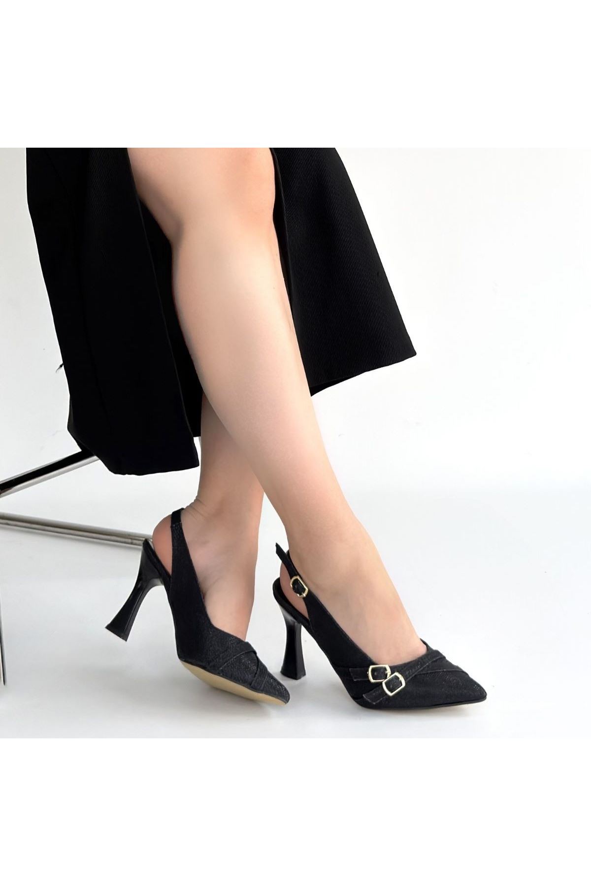 Jedda Siyah Simli Cilt Topuklu Ayakkabı