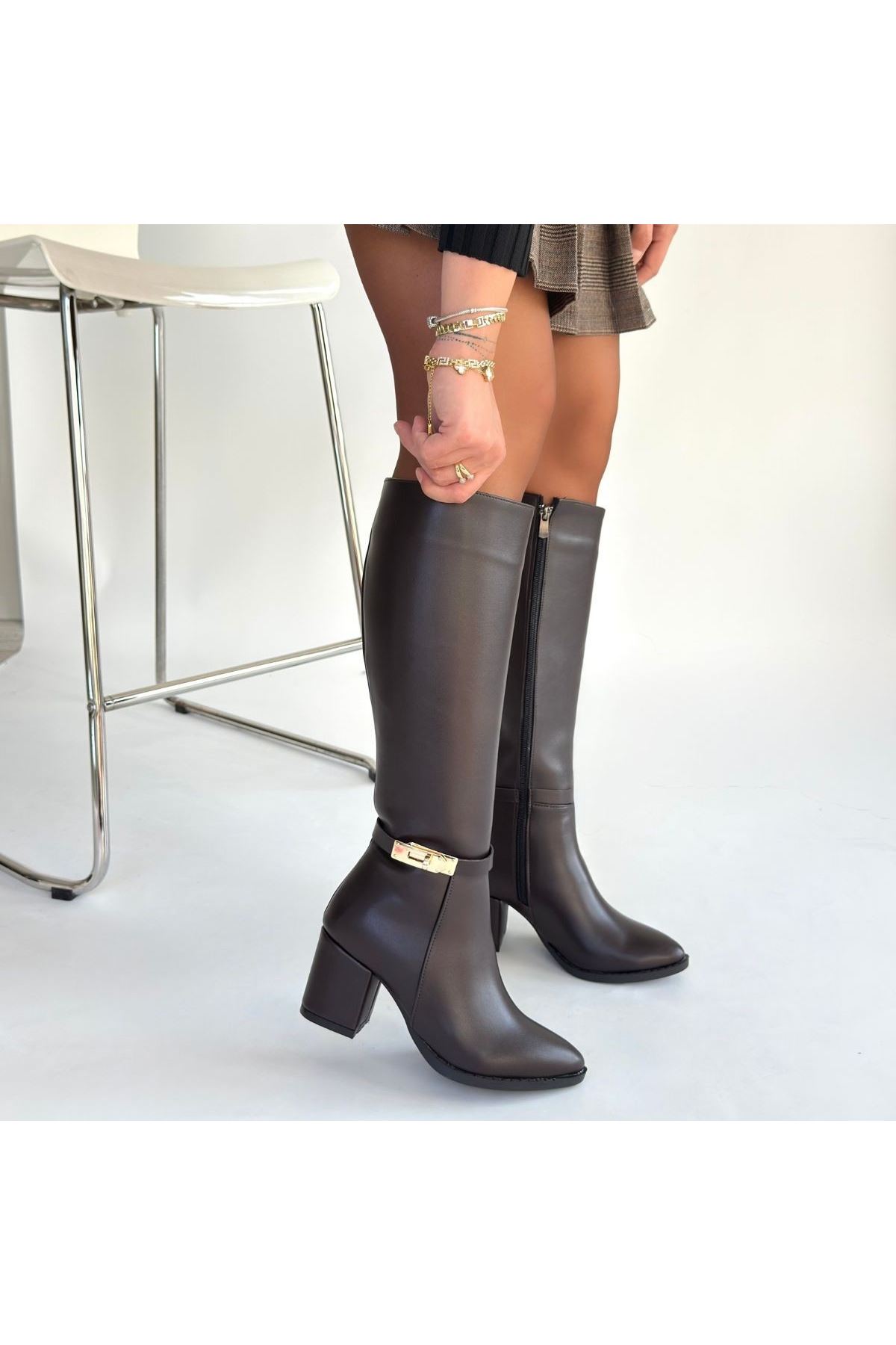 Jeoli Kahverengi Cilt Topuklu Çizme