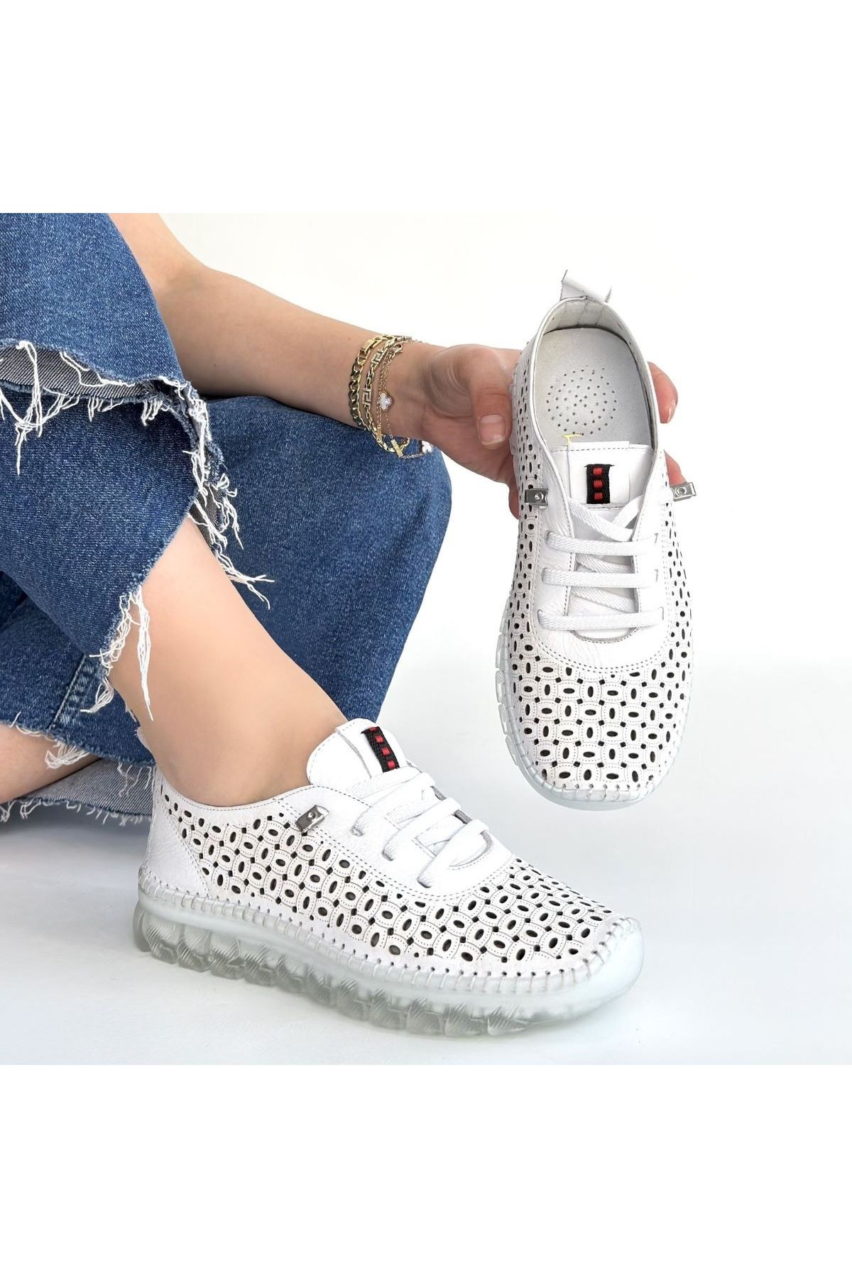 Otja Beyaz Deri Lazerli Bağcıklı Spor Ayakkabı