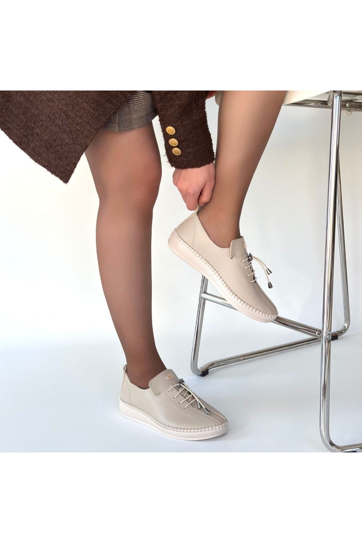 Warte Bej Deri Bağcıklı Spor Ayakkabı