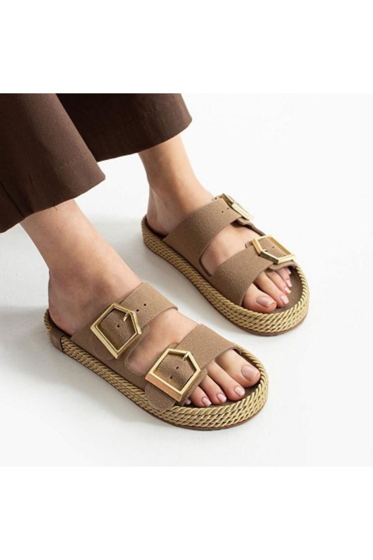 Loera Vizon Nubuk Çift Tokalı Terlik