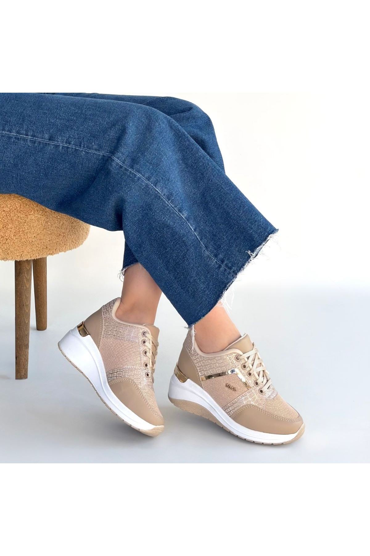 Geja Bej Cilt Bağcıklı Spor Ayakkabı