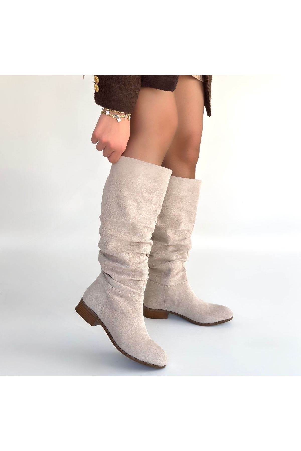 Winda Bej Süet Körüklü Topuklu Çizme