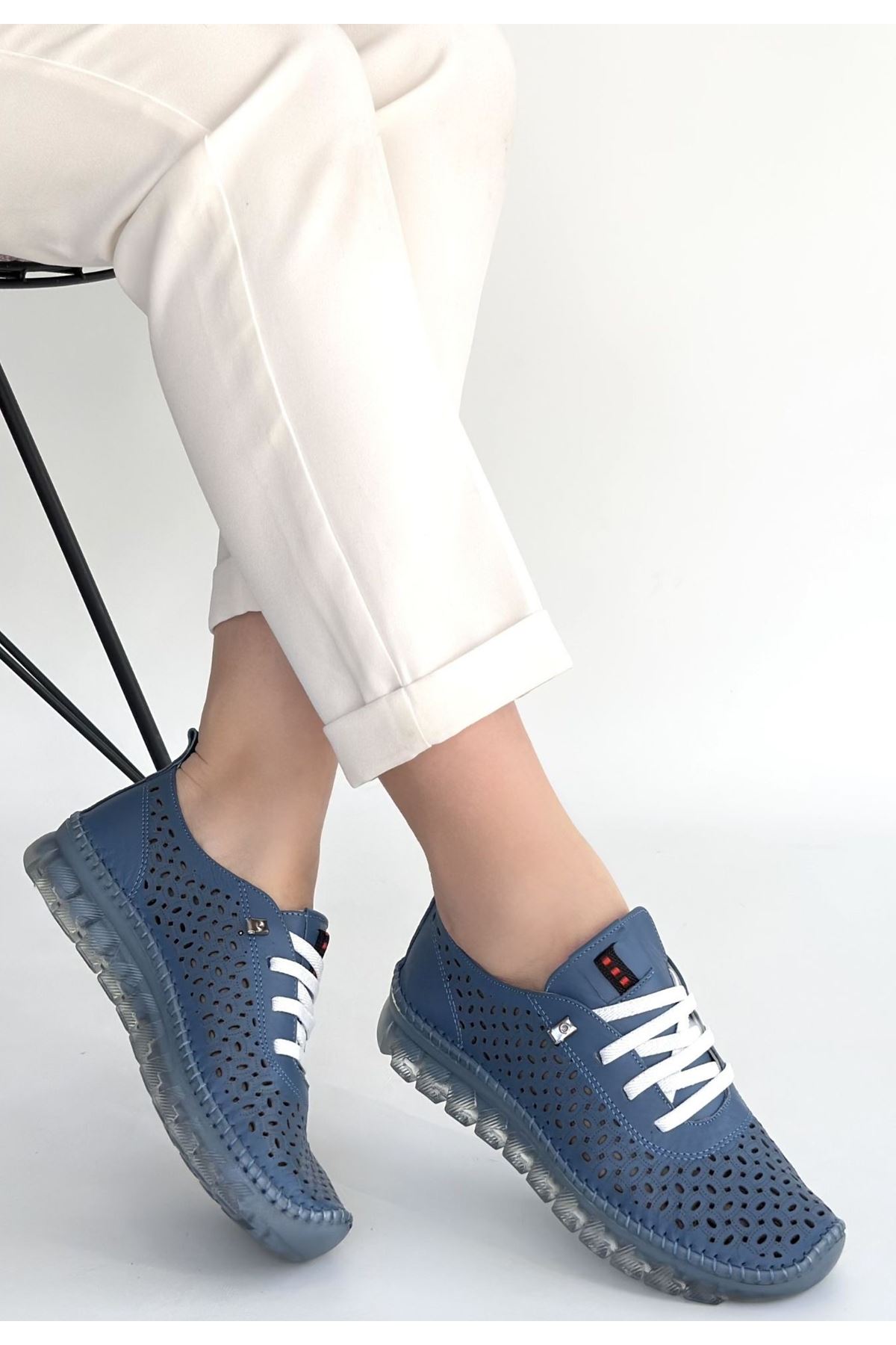 Otja Mavi Deri Lazerli Bağcıklı Spor Ayakkabı