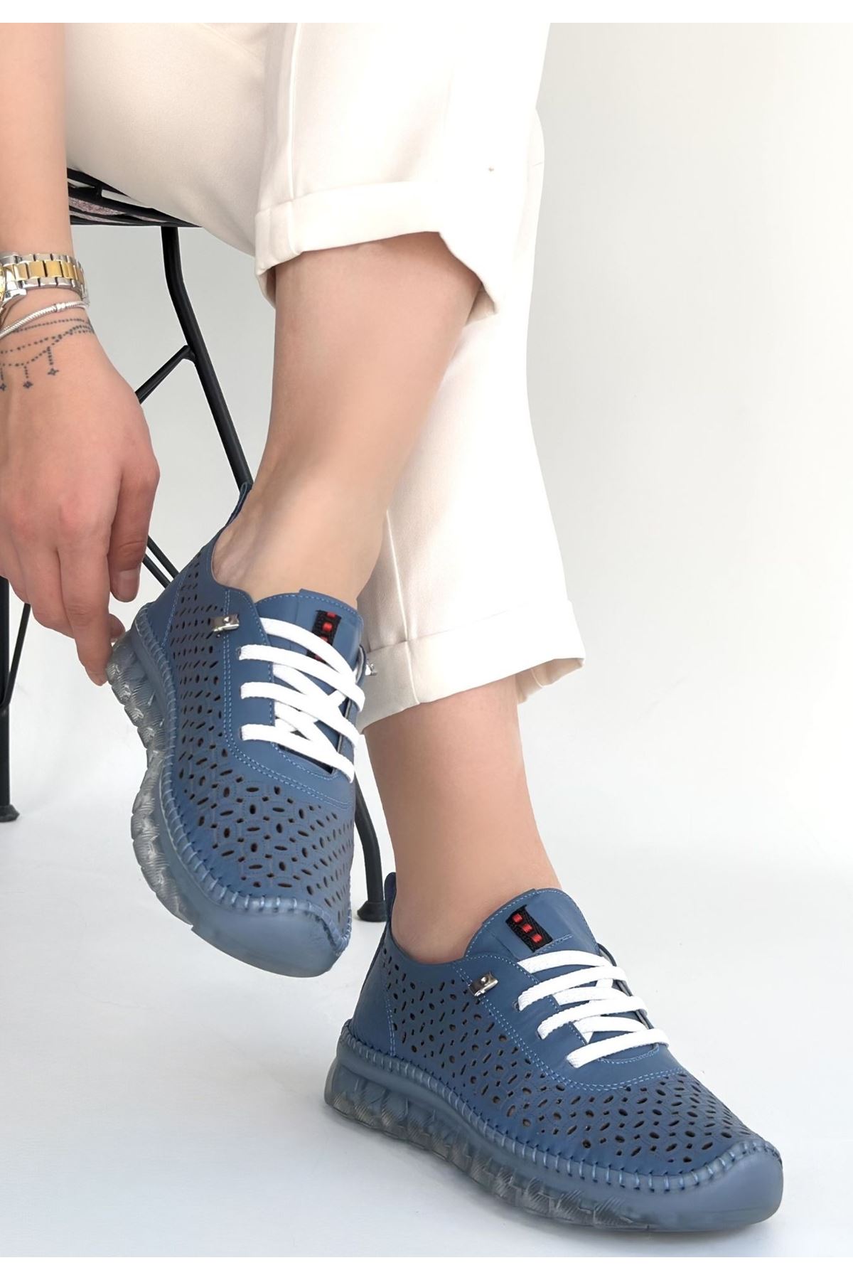 Otja Mavi Deri Lazerli Bağcıklı Spor Ayakkabı