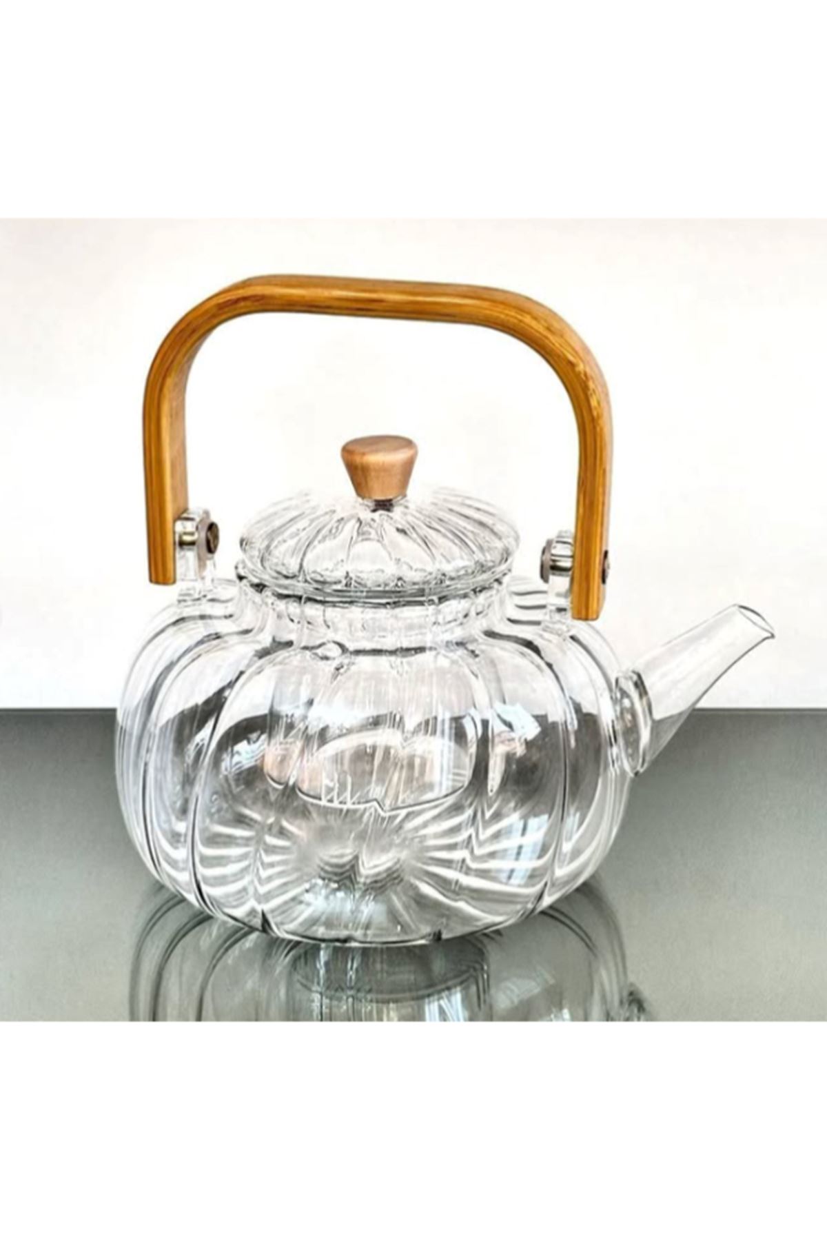 Ahşap Saplı Cam Çizgili Demlik