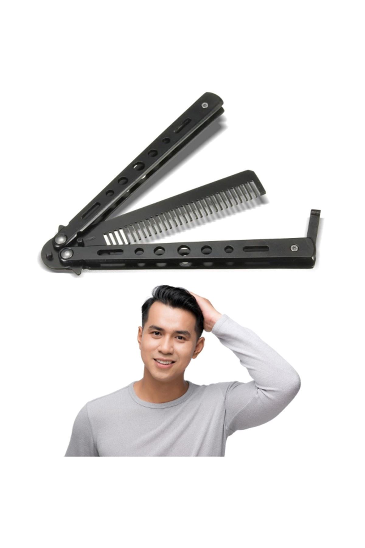 Siyah Katlanabilir Paslanmaz Çelik Kelebek Bıçak Tasarımlı Tarak