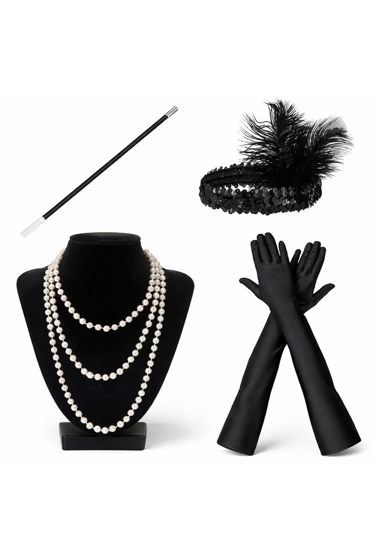 1920’ler Çarliston Aksesuar Seti – İnci Kolye, Eldiven, Sigara Tutucu, Siyah Saç Bandı