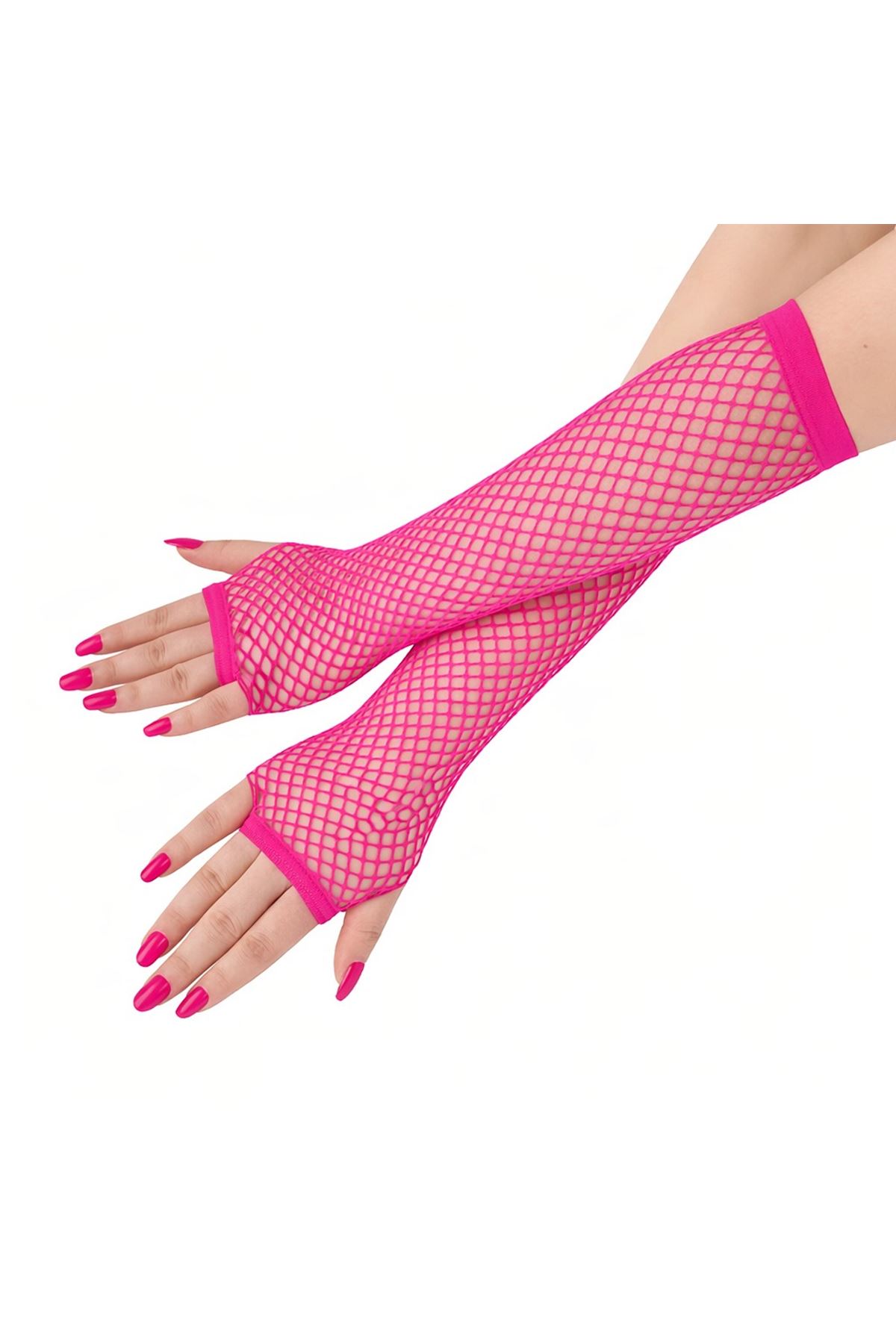 Retro Neon Fuşya File Parmaksız Eldiven 26 cm