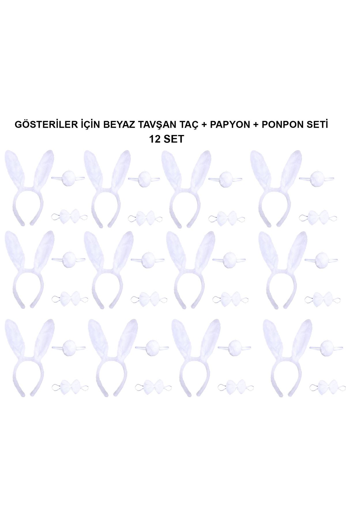 Beyaz Tavşan Kostüm Seti – Taç, Papyon, Kuyruk (12’li Paket)