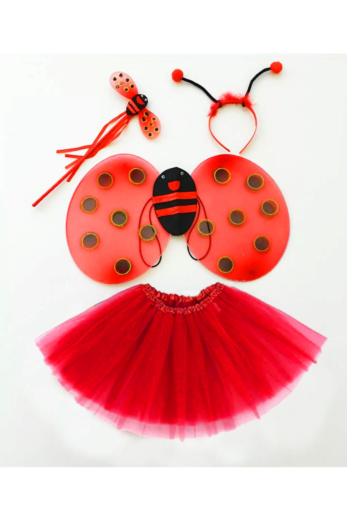 Kırmızı Uğur Böceği Kostüm Seti - Tütü, Kanat, Taç, Asa