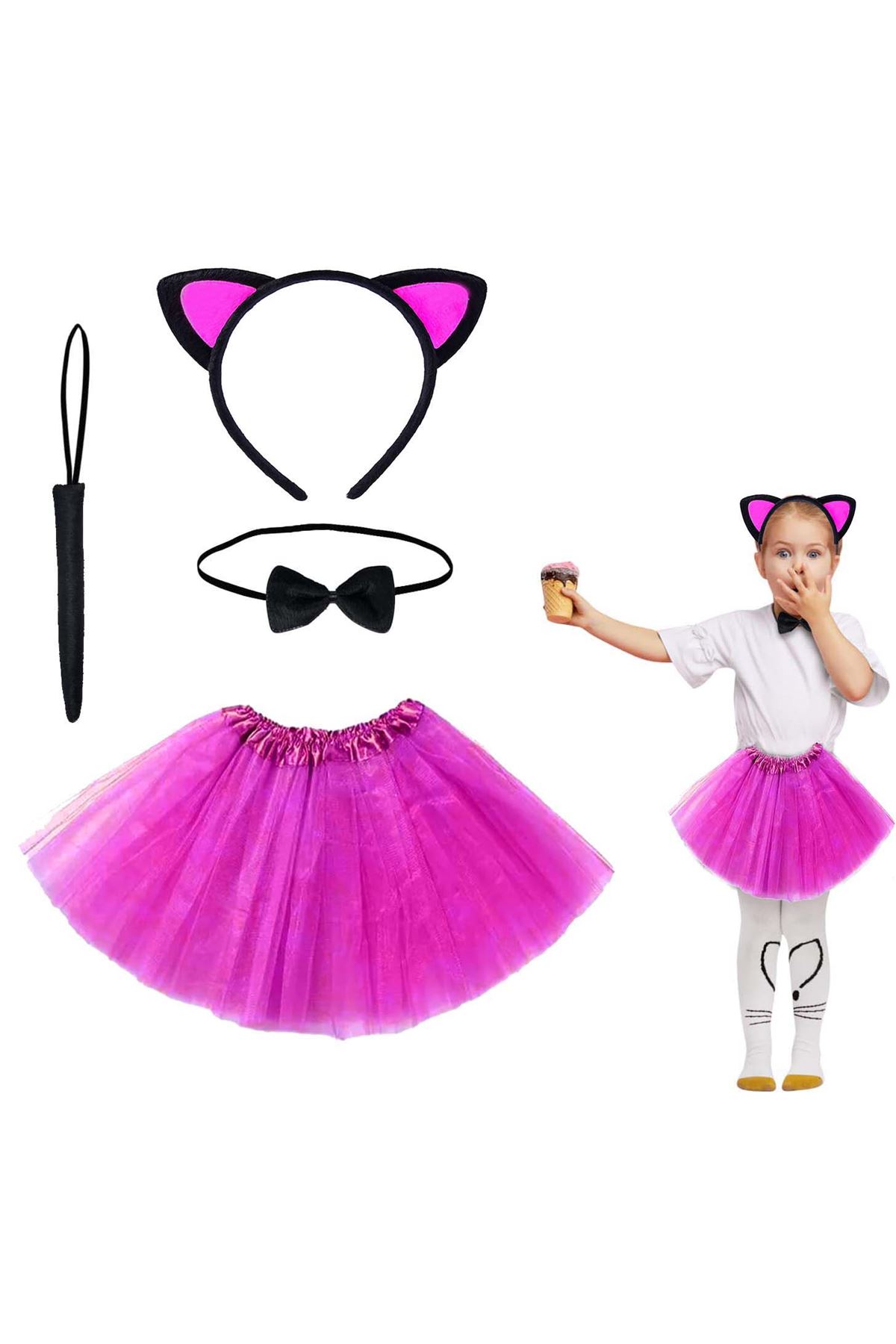Fuşya Renk Kedi Kostüm Seti - Tütü, Taç, Papyon, Kuyruk