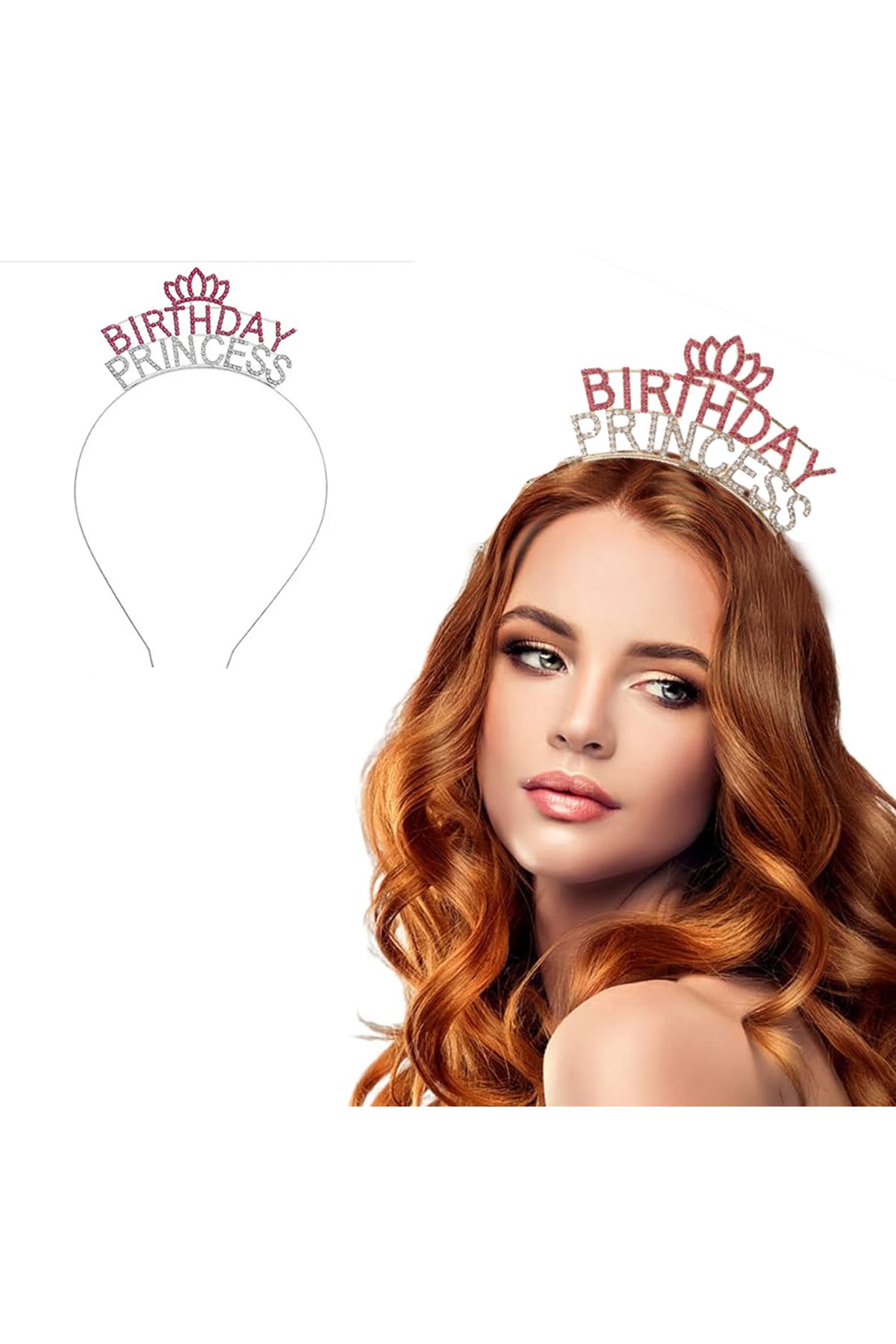 Kristal Taşlı Birthday Princess Yazılı Parti Tacı Pembe Renk