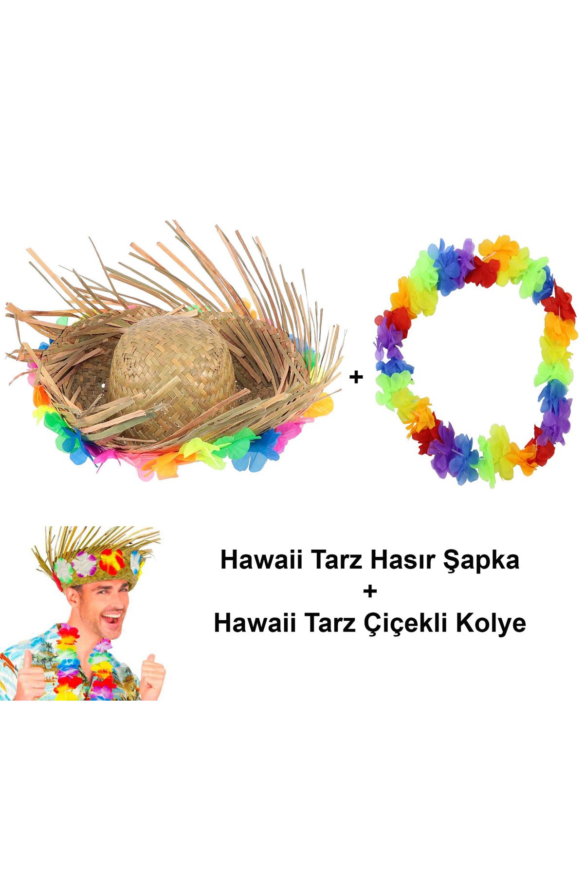 Hawaii Tarzı Set - Tropikal Çiçekli Hasır Şapka ve Çiçekli Hawaii Kolye