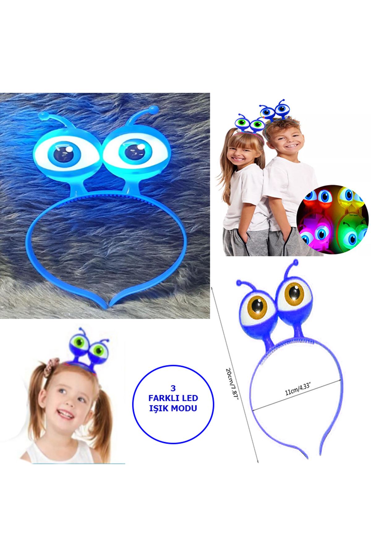 Led Işıklı &amp; Pilli Uzaylı Göz Parti Tacı Mavi Renk
