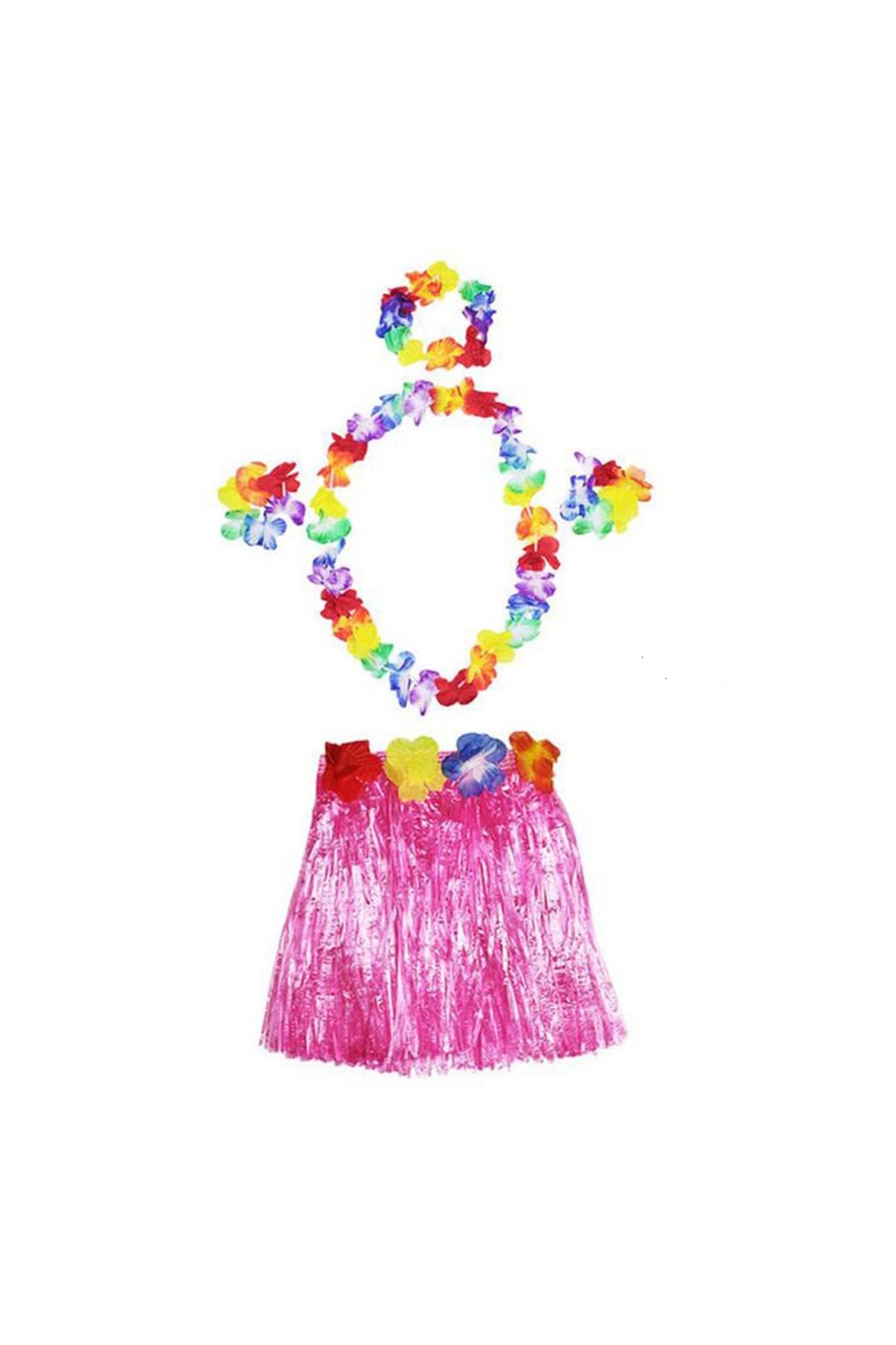 Pembe Hawaii Seti - Kolye, Etek, Taç ve Bileklik