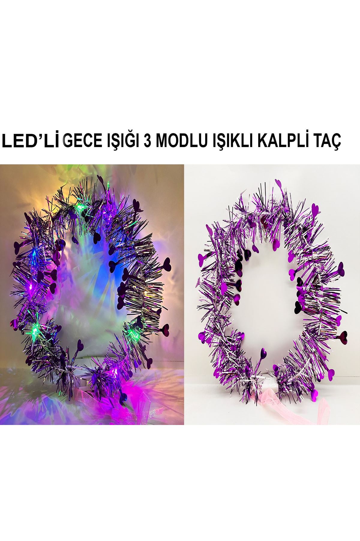 Kalp Püsküllü 3 Modlu LED Işıklı Taç Mor Renk