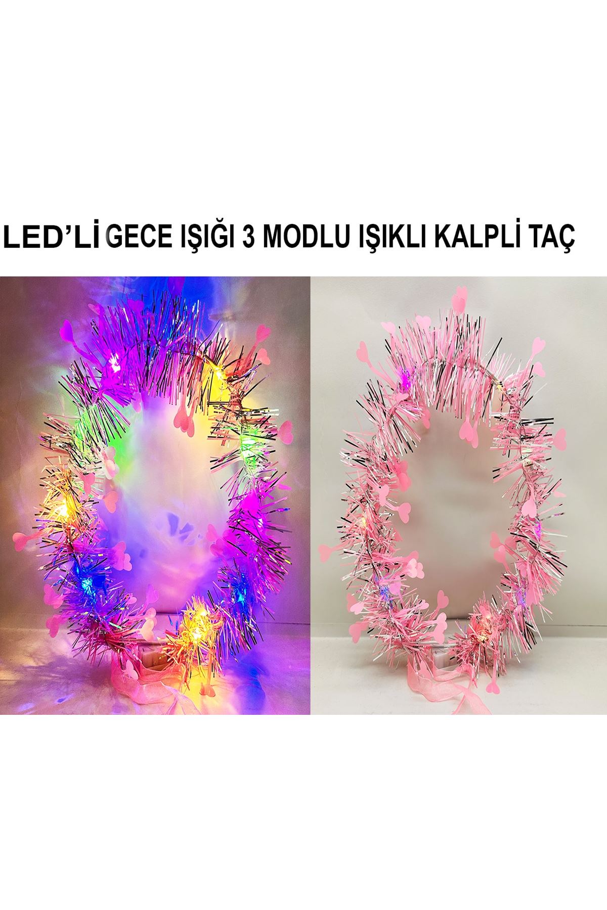 Kalp Püsküllü 3 Modlu LED Işıklı Taç Pembe Renk