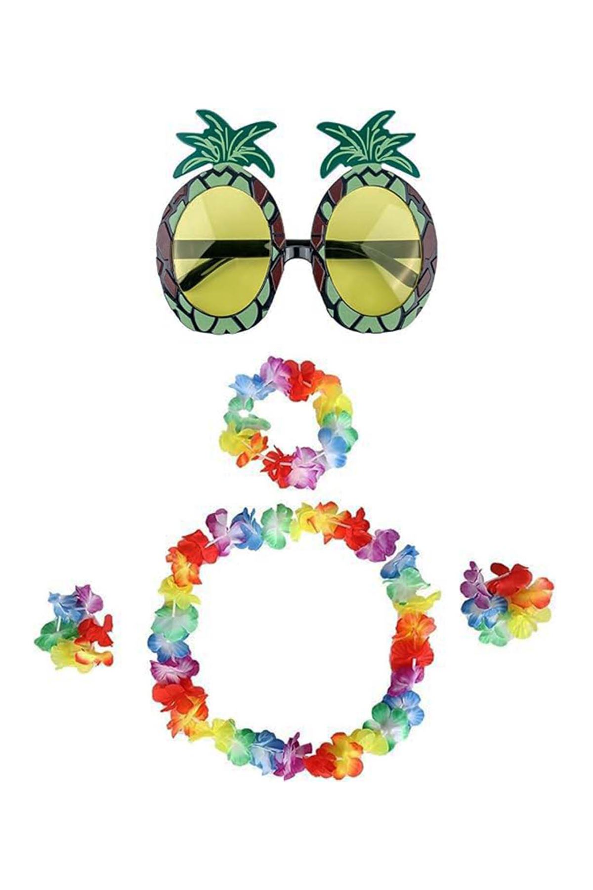 Renkli Ananas Gözlük, Taç, Kolye ve Bileklik Seti