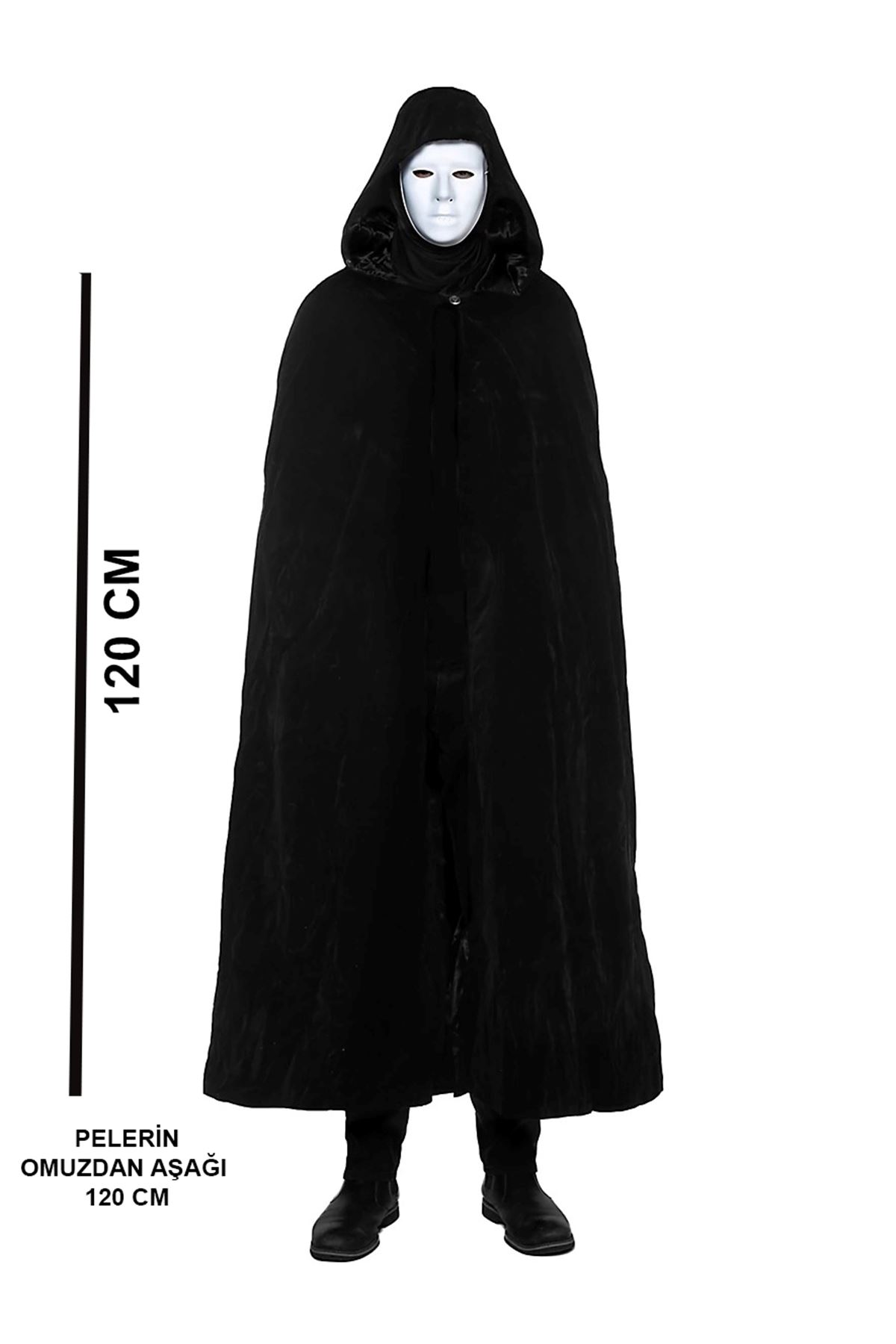 Siyah Kapüşonlu 120 cm Pelerin ve Beyaz Boyanabilir Tam Yüz Maske