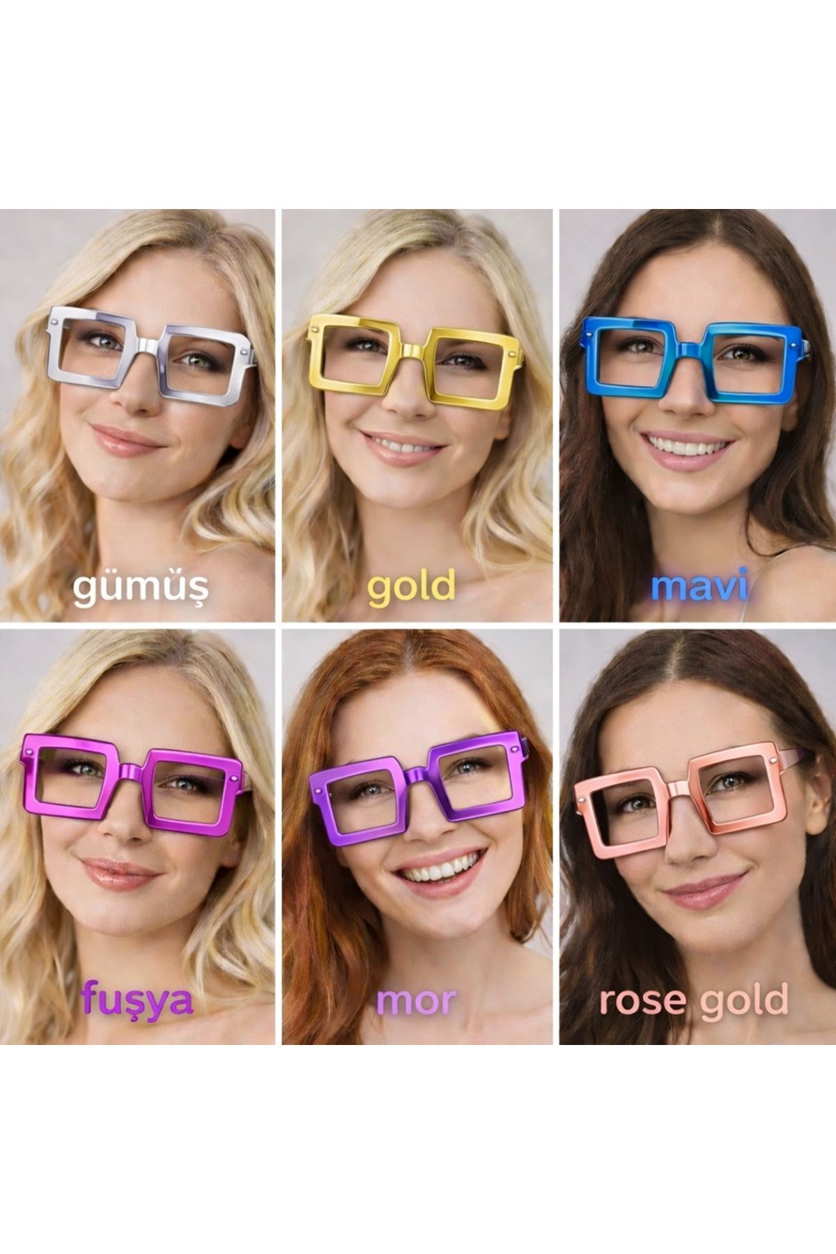 Kare Şekilli Camsız Parti Gözlüğü 12 Adet – 6 Renk