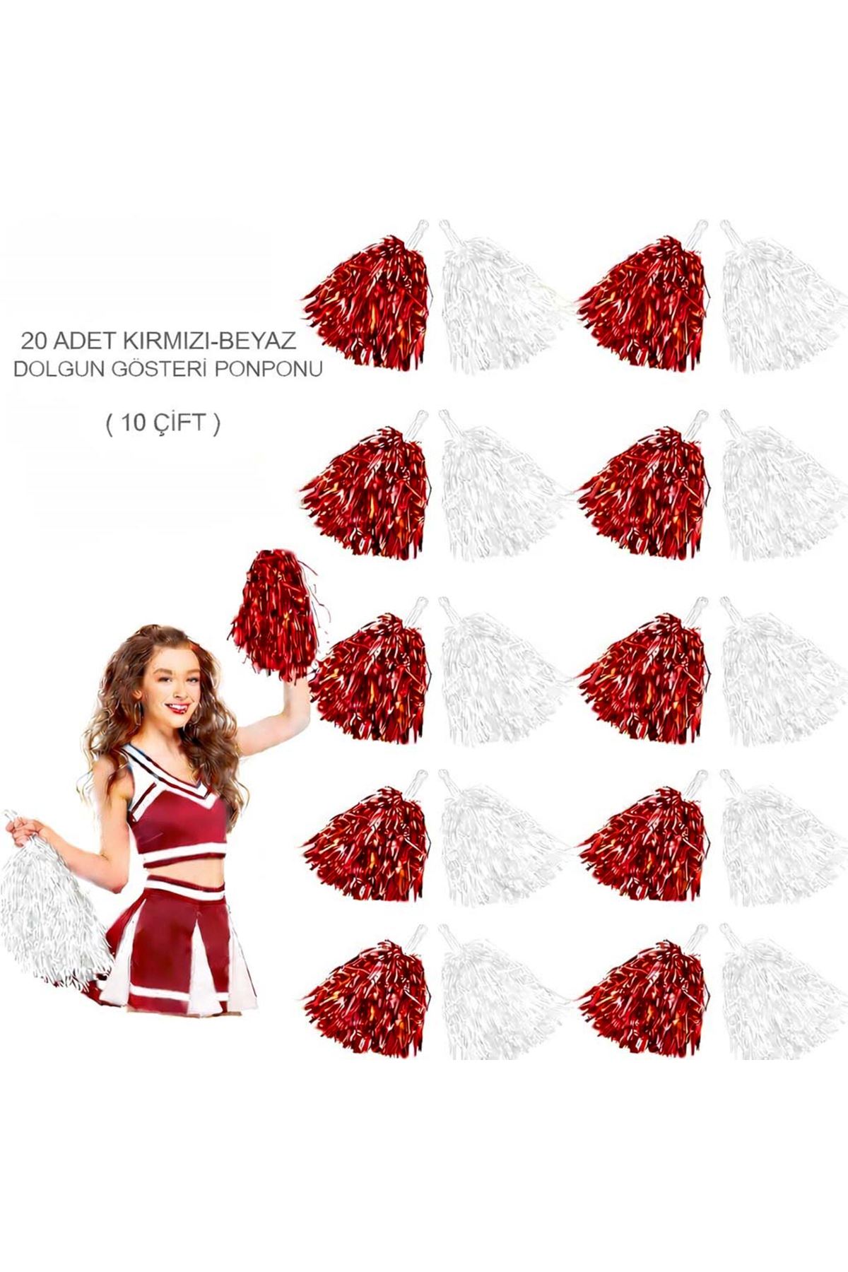 Kırmızı - Beyaz Metalik Dolgun Gösteri Ponponu 20 Adet (10 Çift)