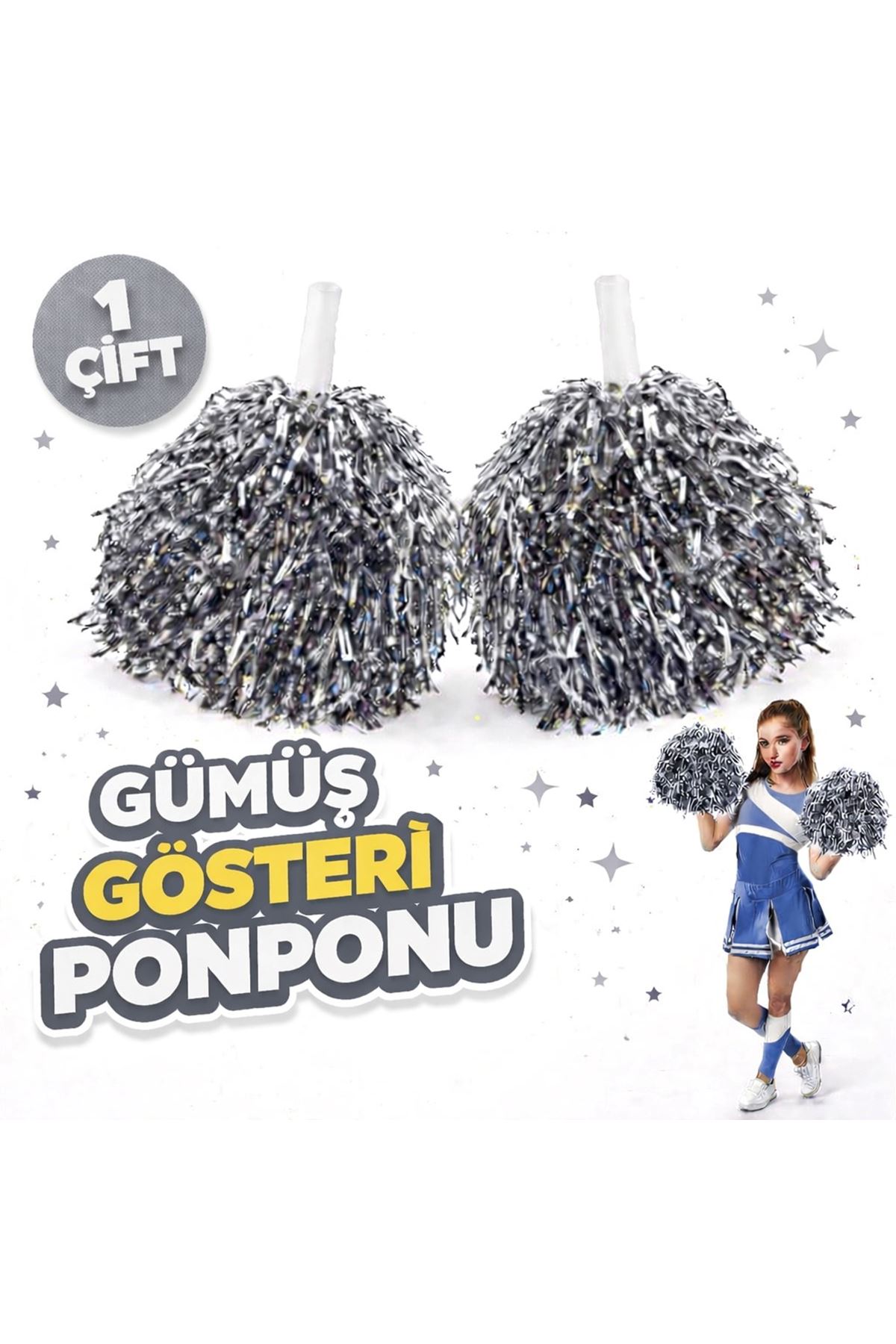 1 Çift Gümüş Renk Okul Gösteri Ponponları Ekstra Dolgun