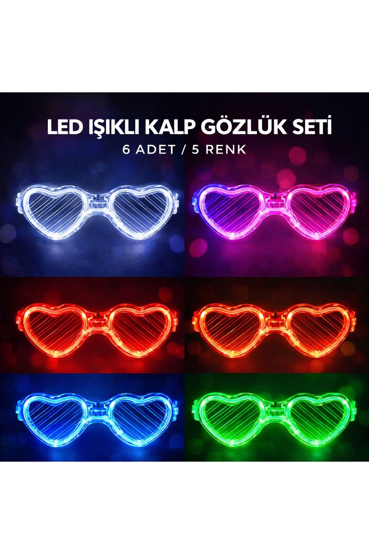 LED Işıklı Kalp Glow Pilli Parti Gözlüğü – 6 Adet / 5 Renk Set