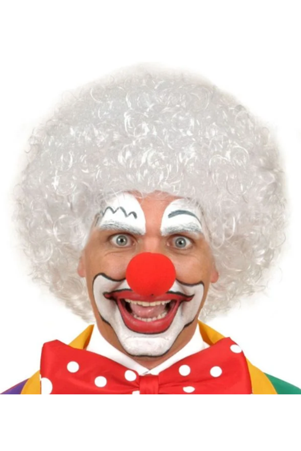 Beyaz Kıvırcık Afro Peruk ve Kırmızı Sünger Burun Seti