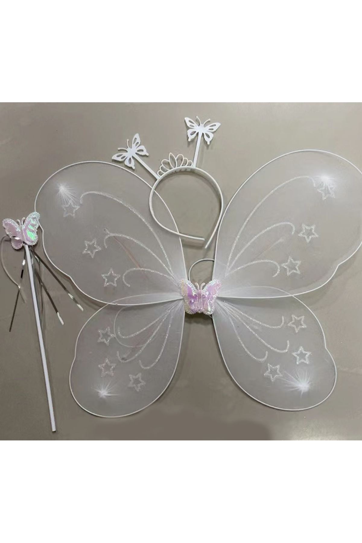 Beyaz Renk Kelebek Kanadı Tacı ve Sopası