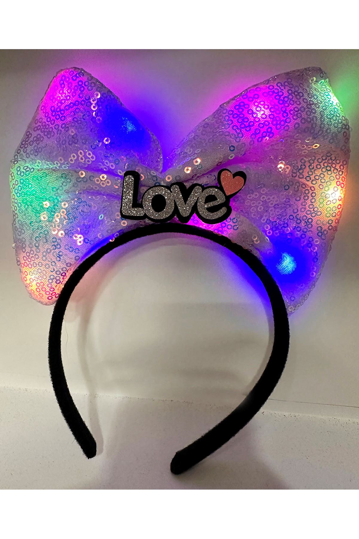 Led Işıklı Gümüş Love Yazılı Lila Fiyonk Taç
