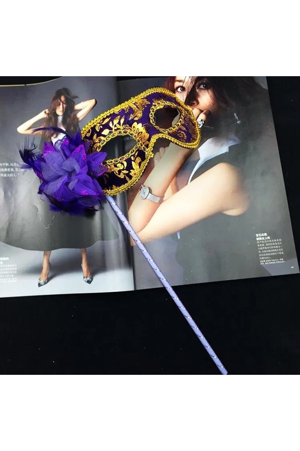 Lüks Taşlı Saplı Balo Maskesi Mor Renk