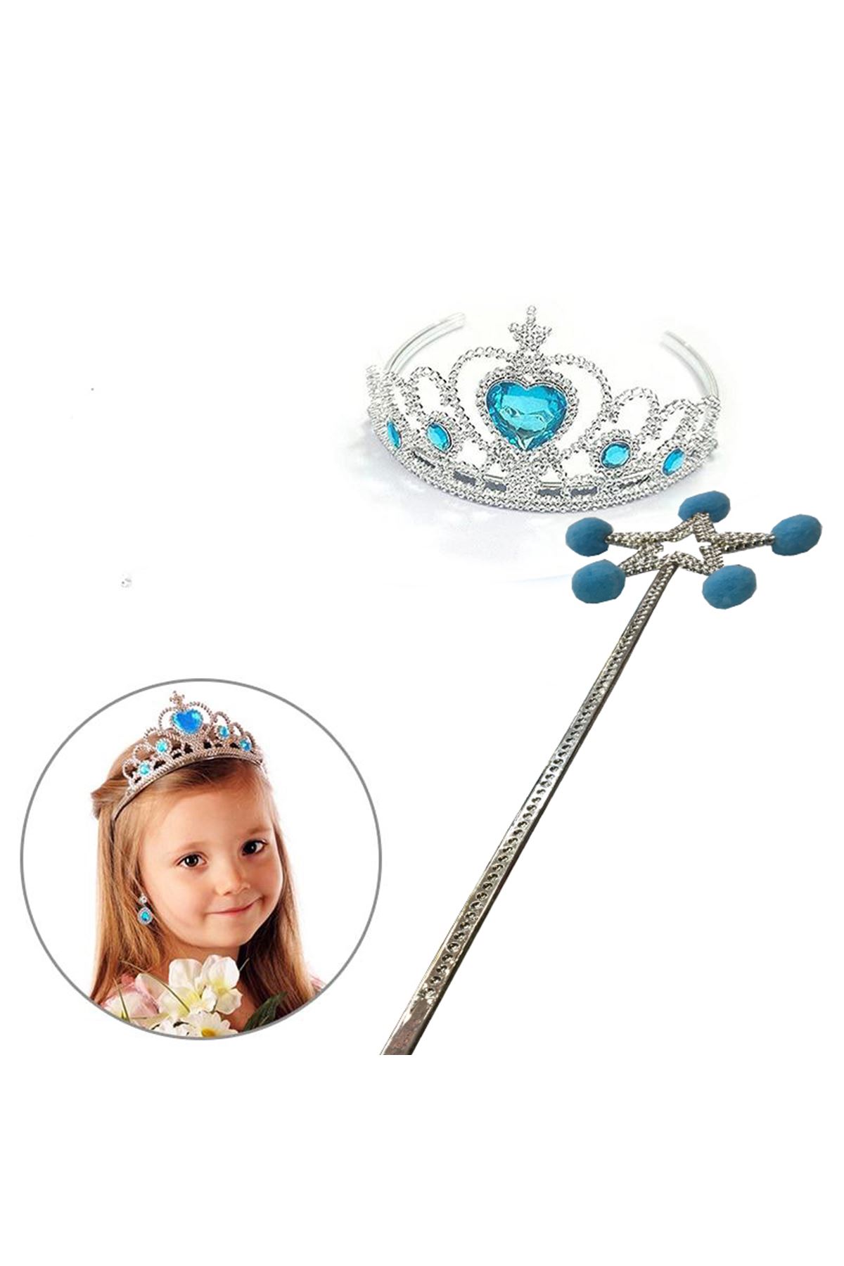 Mavi Ponponlu Elsa Asası ve Kalp Taşlı Elsa Tacı