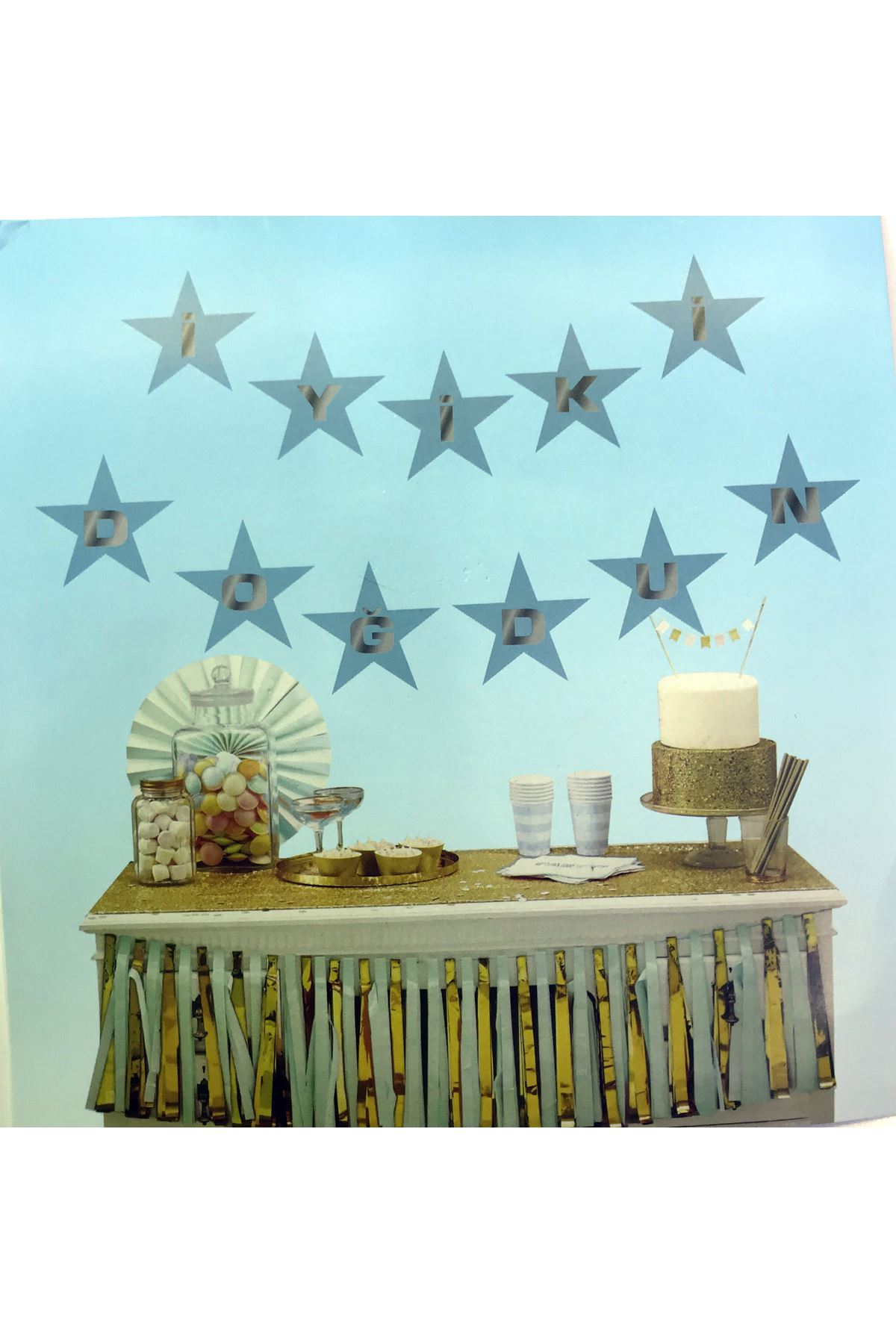 Mavi Üzeri Gümüş Yıldız İyi ki Doğdun Flama Süs