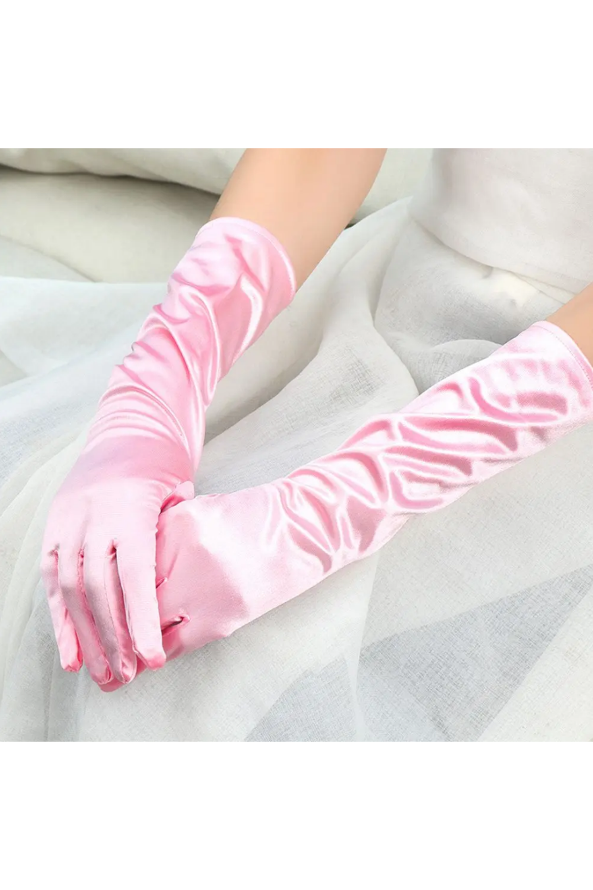 Uzun Boy Ekstra Parlak Saten Eldiven Pembe Renk