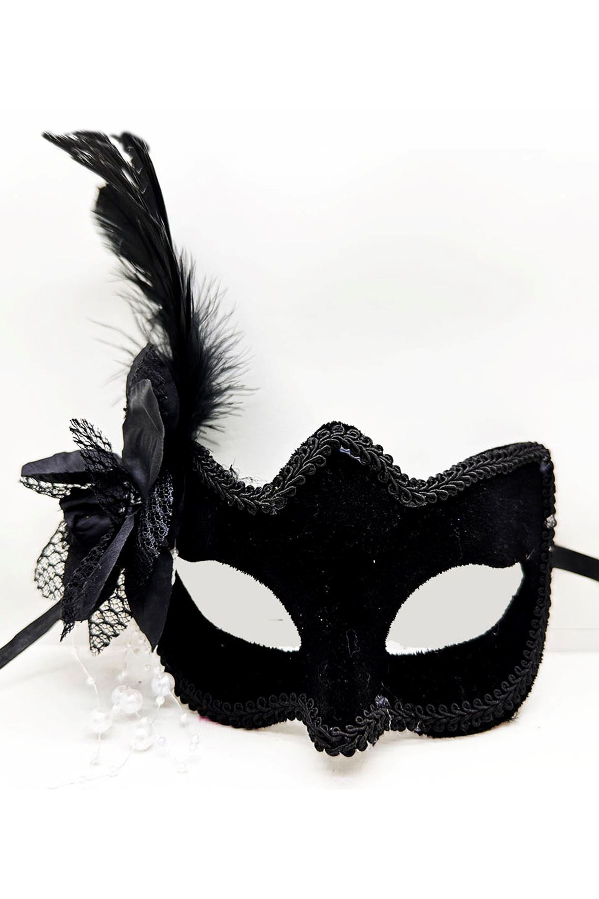Siyah Süet Yandan Tüylü İncili Parti Maskesi
