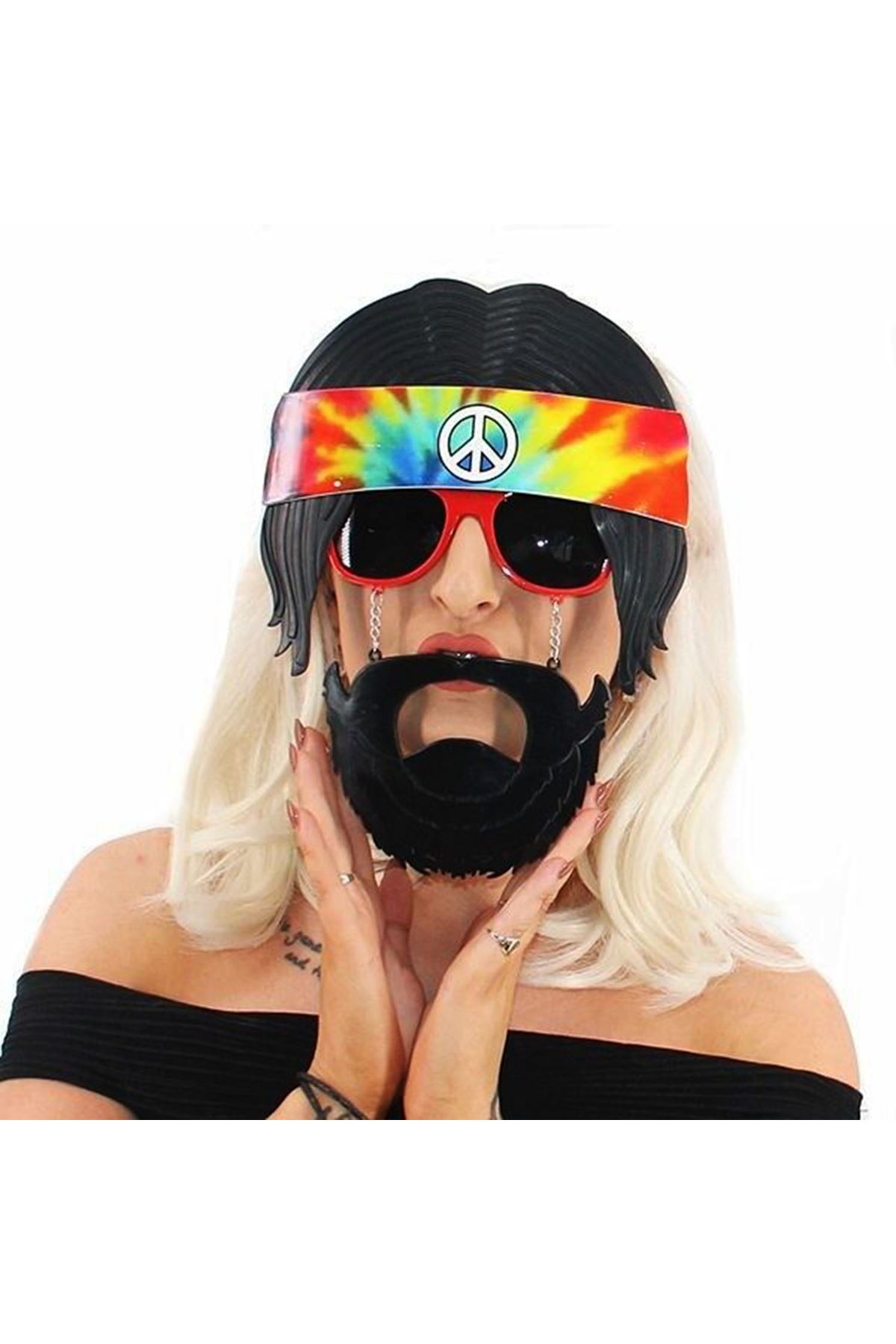 Siyah Saçlı Bandana Hippi Parti Gözlüğü