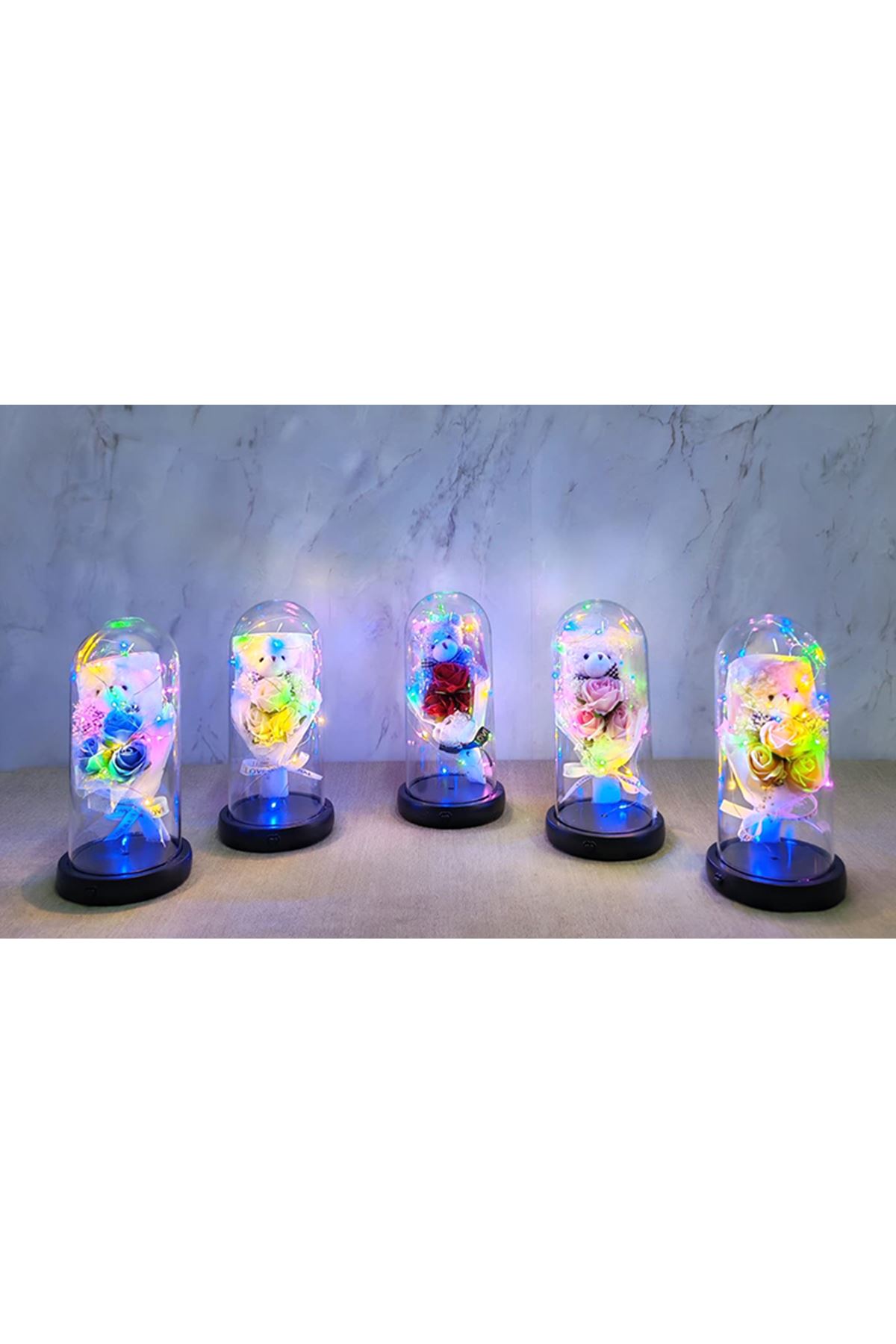 Işıklı Müzikli Fanus içinde Sevimli Ayıcıklı Gül Buketi