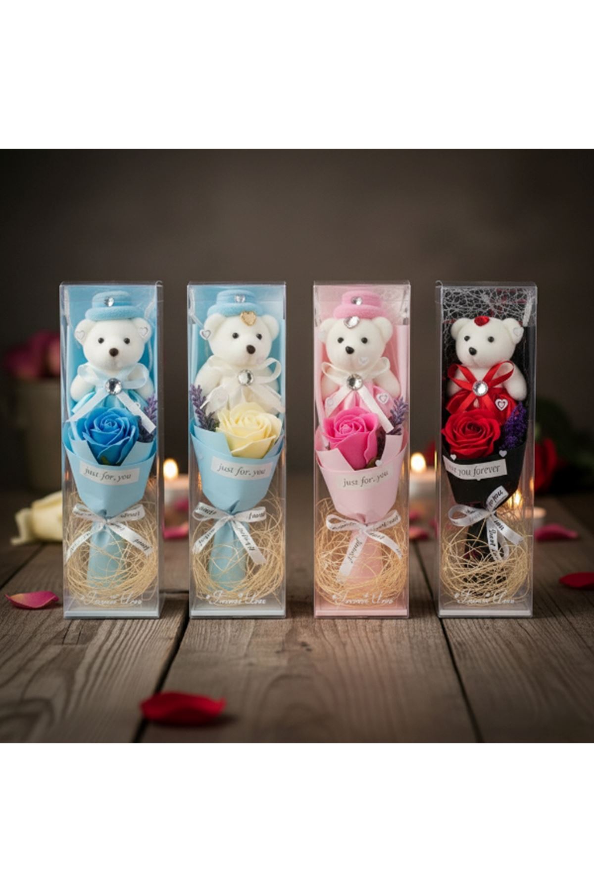 Şeffaf Kutulu Ayıcıklı Gül Buketi