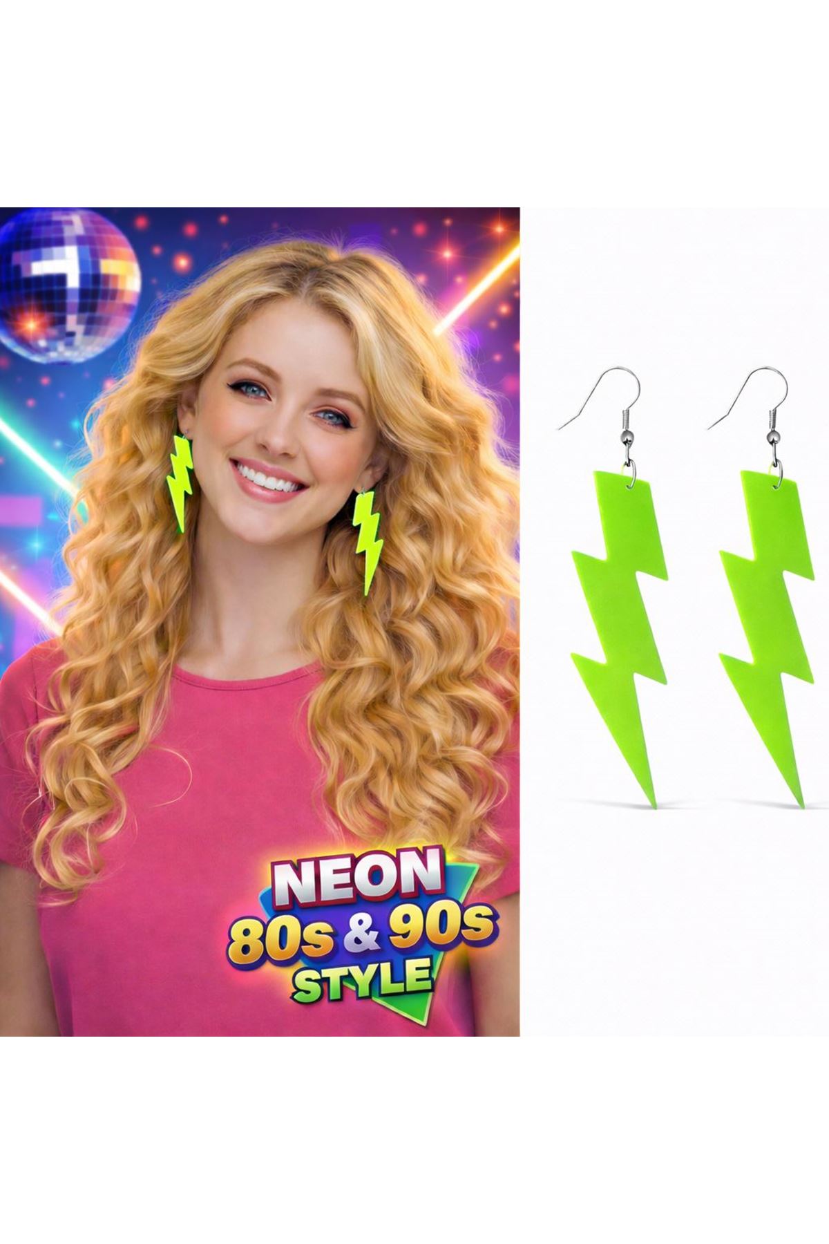 80’ler 90'lar Retro Neon Yeşil Şimşek Küpe 10 cm