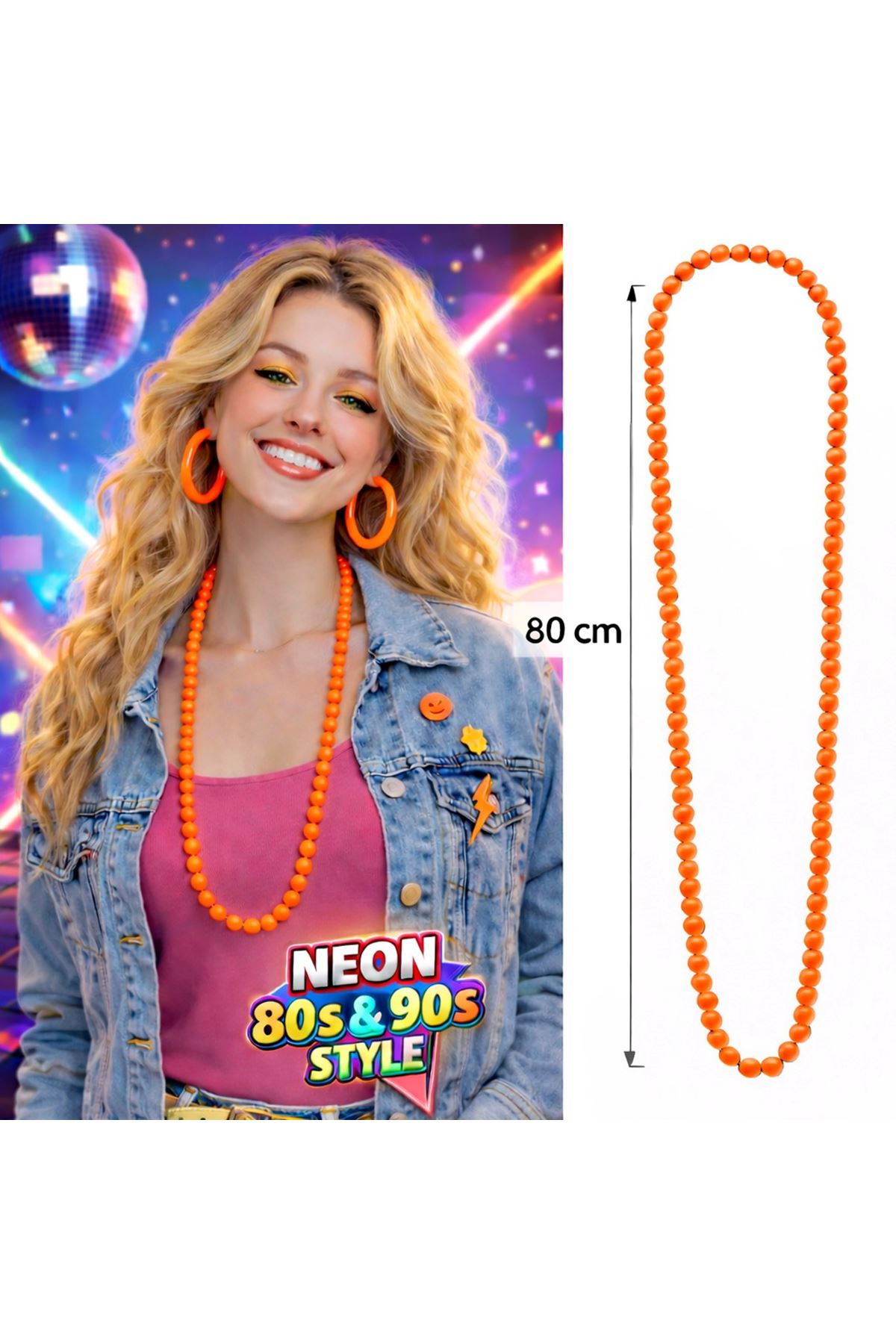 Neon Turuncu Boncuk Kolye 80 cm – Retro 80’ler 90’lar Parti Aksesuarı