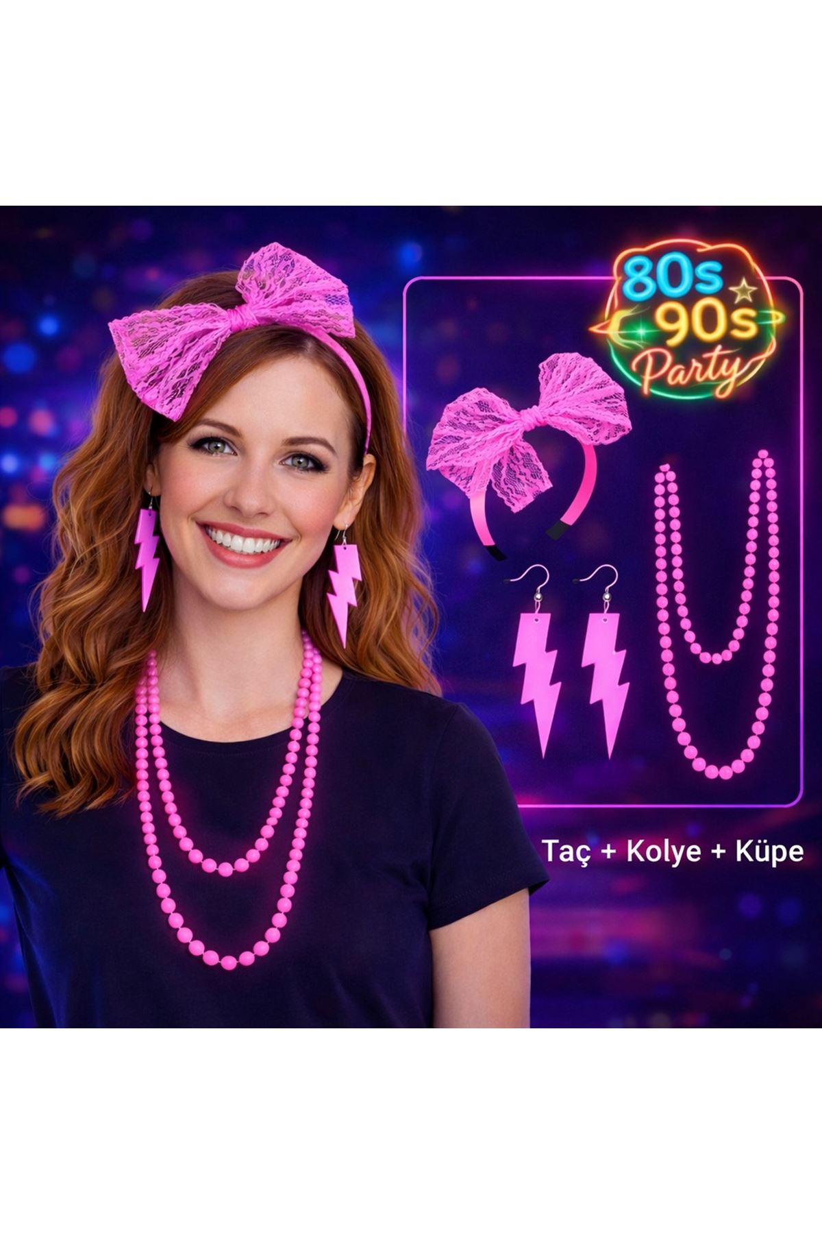 80’ler 90’lar Neon Pembe Parti Seti – Kolye Küpe Taç