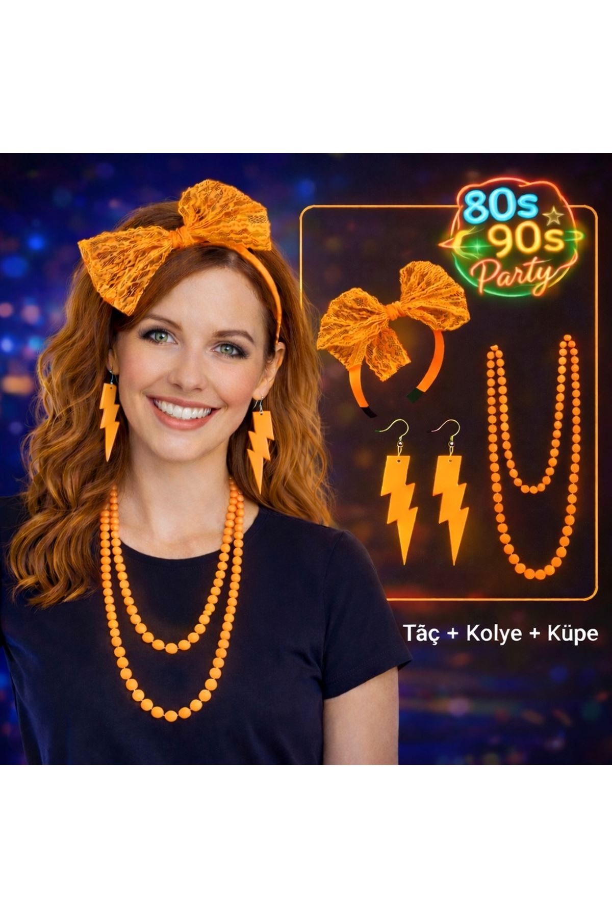 80’ler 90’lar Neon Turuncu Parti Seti – Kolye Küpe Taç