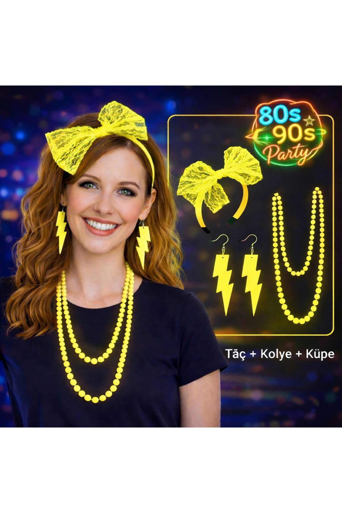 80’ler 90’lar Neon Sarı Parti Seti – Kolye Küpe Taç