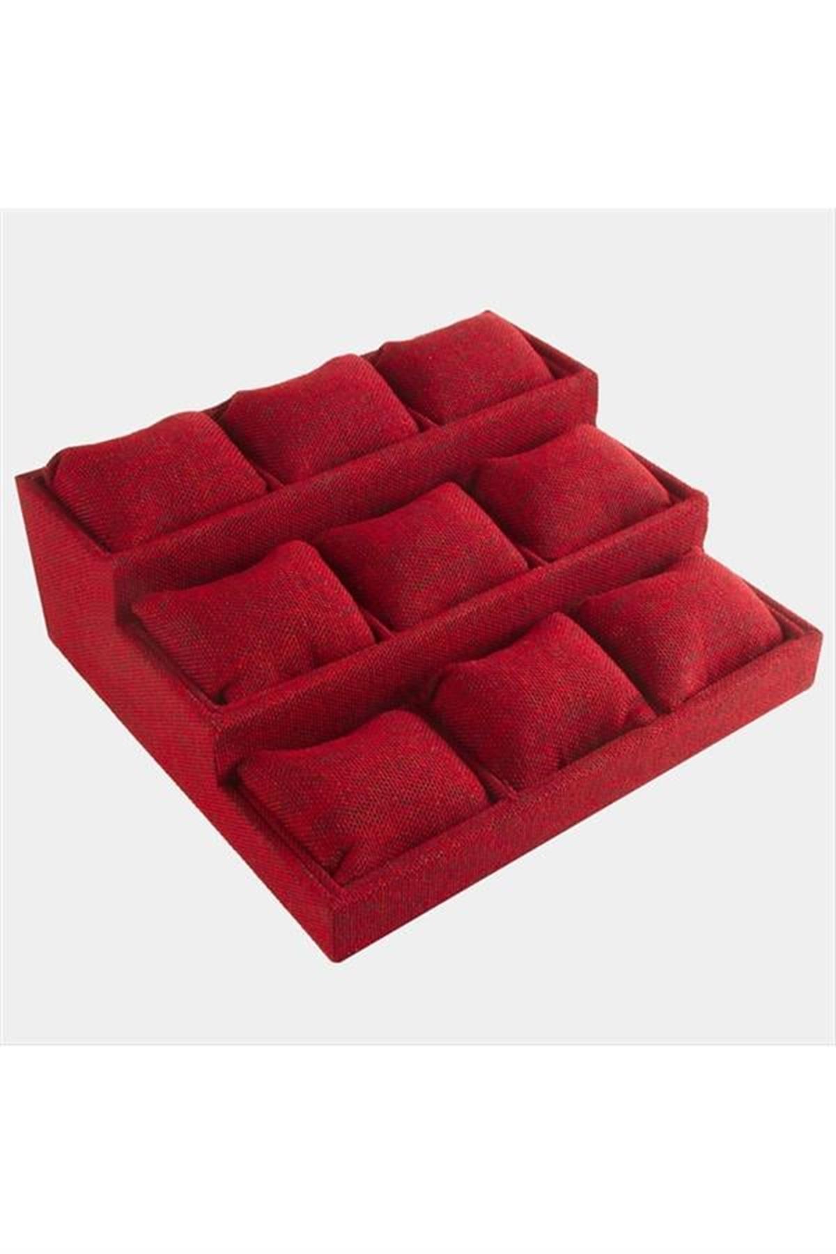 3 Basamaklı Keten Kumaş Yastıklı Stand - Kırmızı
