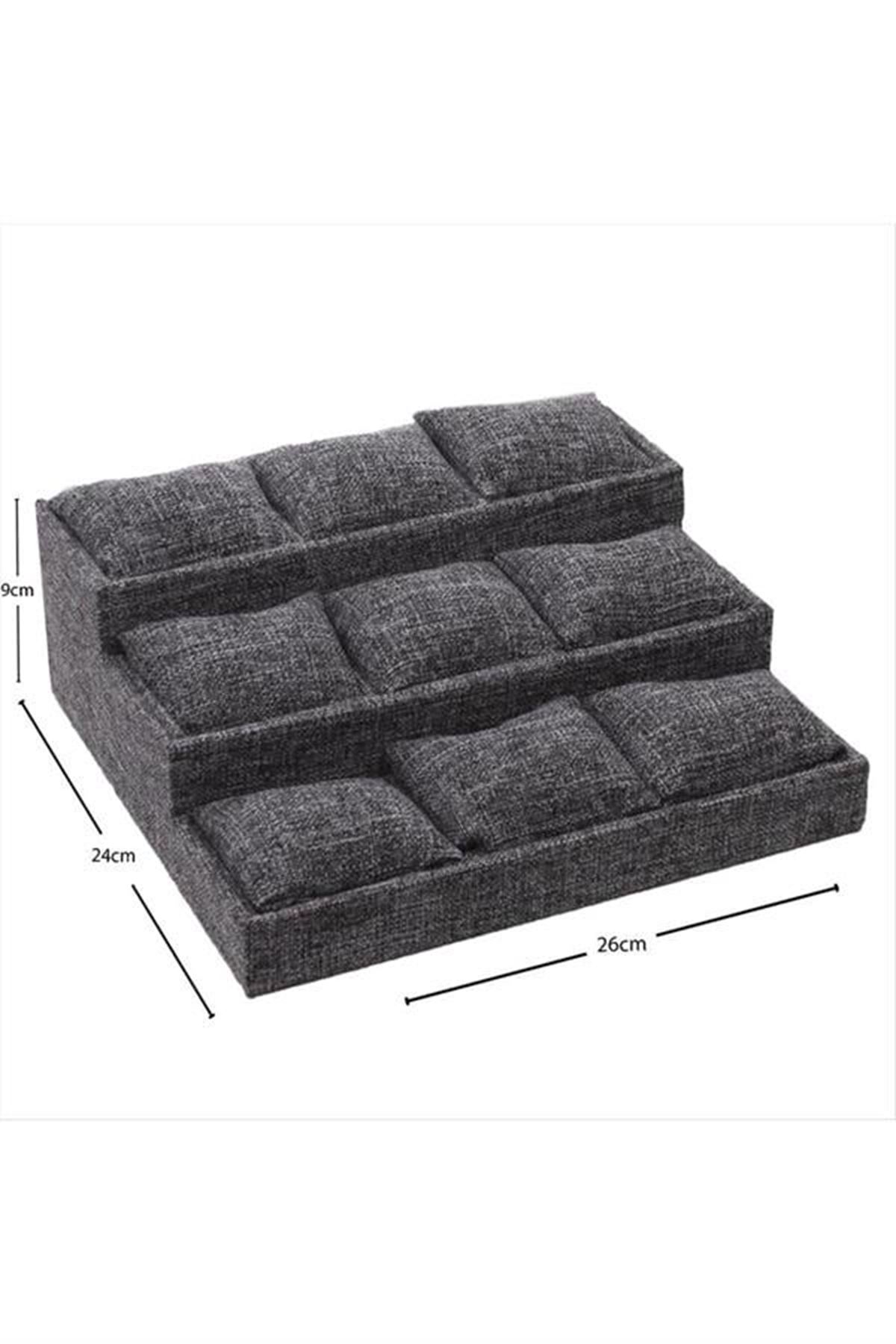 3 Basamaklı Keten Kumaş Yastıklı Stand - Gri