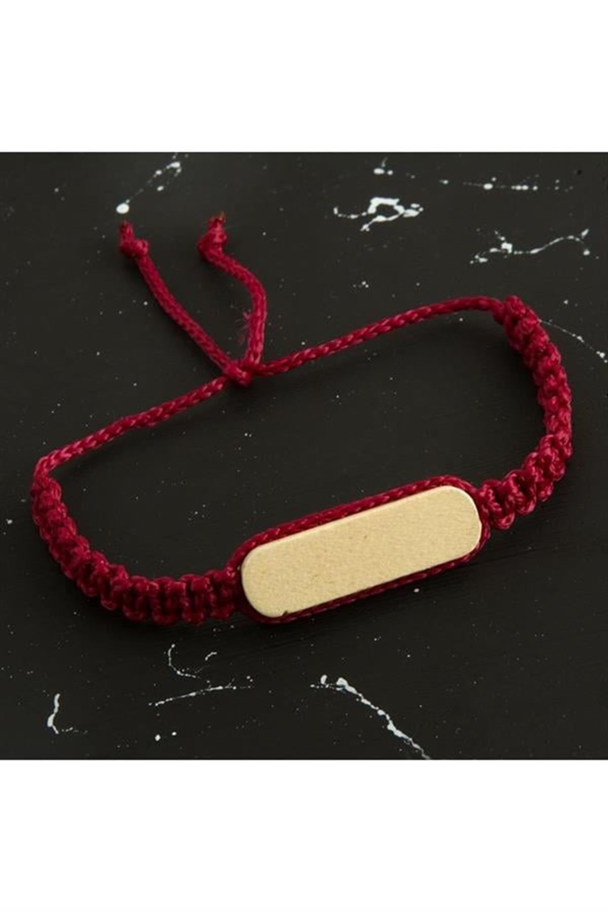 Ahşap Makrome Örgülü Bileklik - Bordo