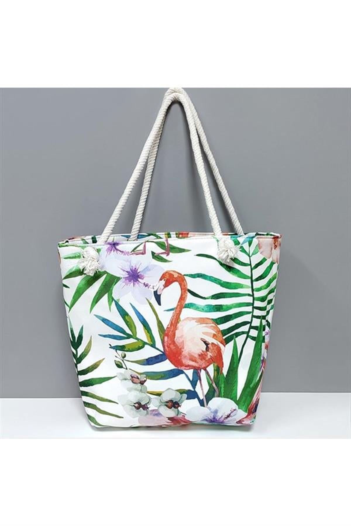 Flamingo Desenli Plaj Çantası - Yeşil